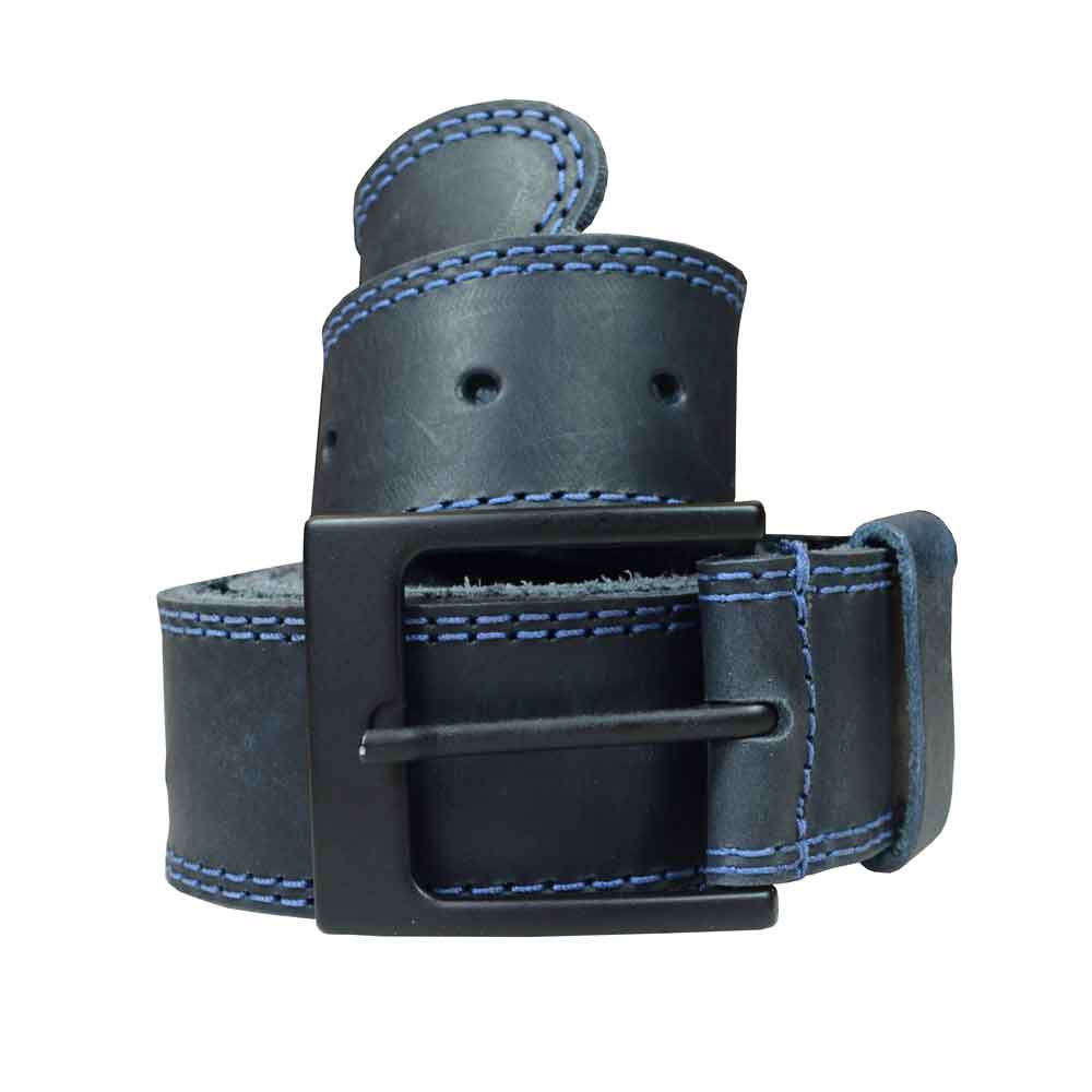 Two Row Stitch Leather Belt / Rustic Charcoal Buckle, 1.5" Wide - Stockyard X 'The Leather Store'
