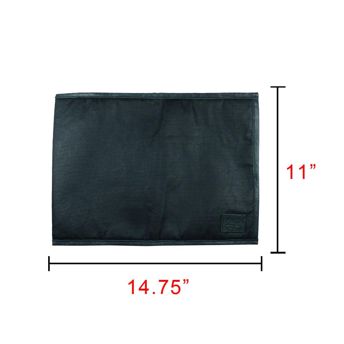 Image showing Laptop Sleeve 14 in. by Hide & Drink with dimensions 14.75" x 11" clearly marked. This sleeve is designed for MacBook Air/Pro 13 Inch with M1 Chip, handmade from Waxed Canvas, reflecting the dedication to small batch production, hand cut, hand sewn, and fire branded artistry by artisans in La Antigua Guatemala & Oaxaca Mexico.