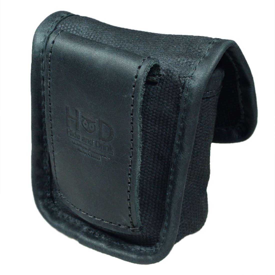 Hide & Drink's Mini Belt Pouch in black with leather accents, showcasing a refined design suited for outdoor use. This squared pouch features a belt loop, perfect as a multi-purpose hip bag crafted from water-resistant waxed canvas, representing stockyardX's commitment to artisan craftsmanship made in La Antigua Guatemala & Oaxaca Mexico.