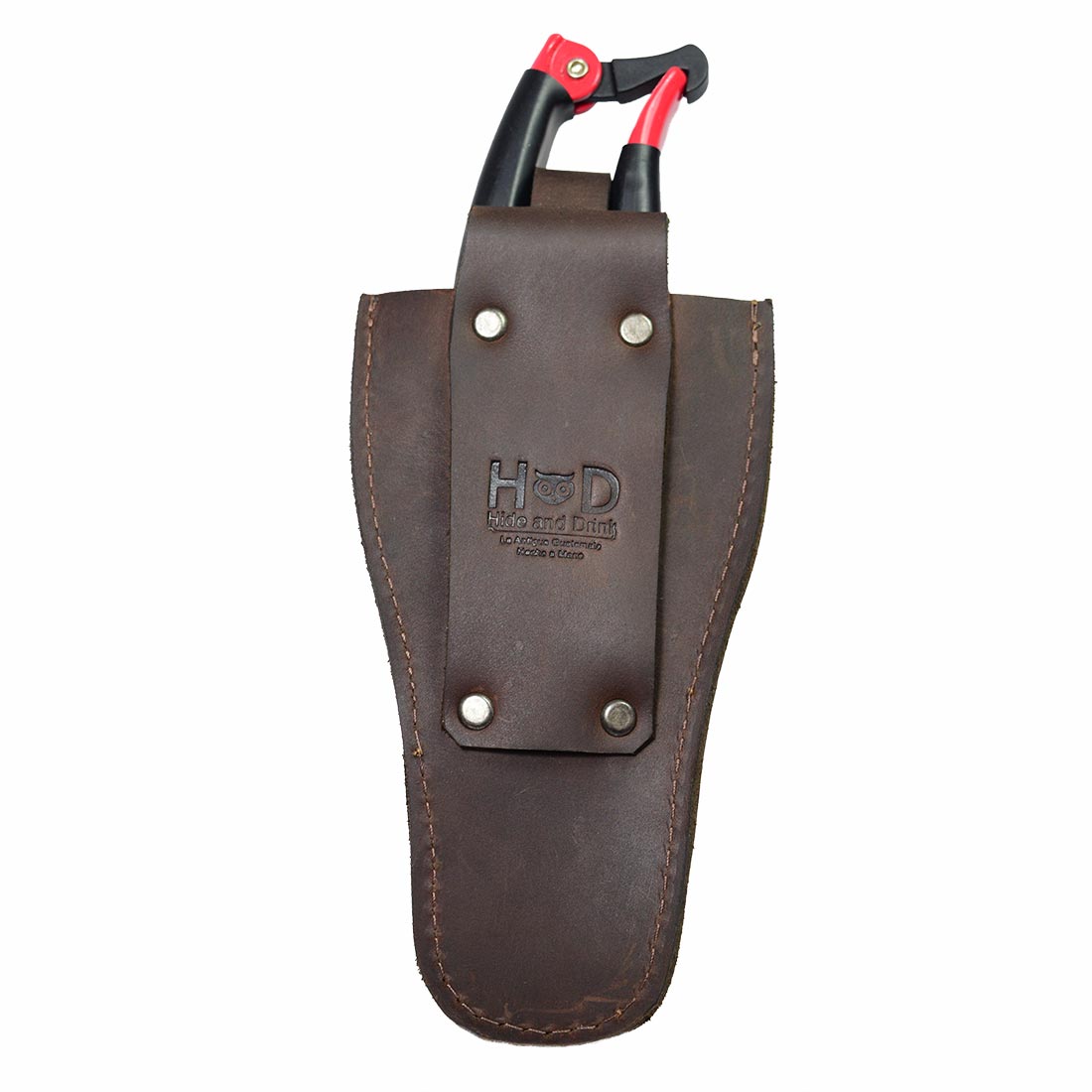 Back view of Hide & Drink Gardening Scissors Holster, a durable scissors case designed for pruners. Its full grain leather and artisan quality make it a must-have for garden enthusiasts. Hand cut and sewn for excellent craftsmanship.