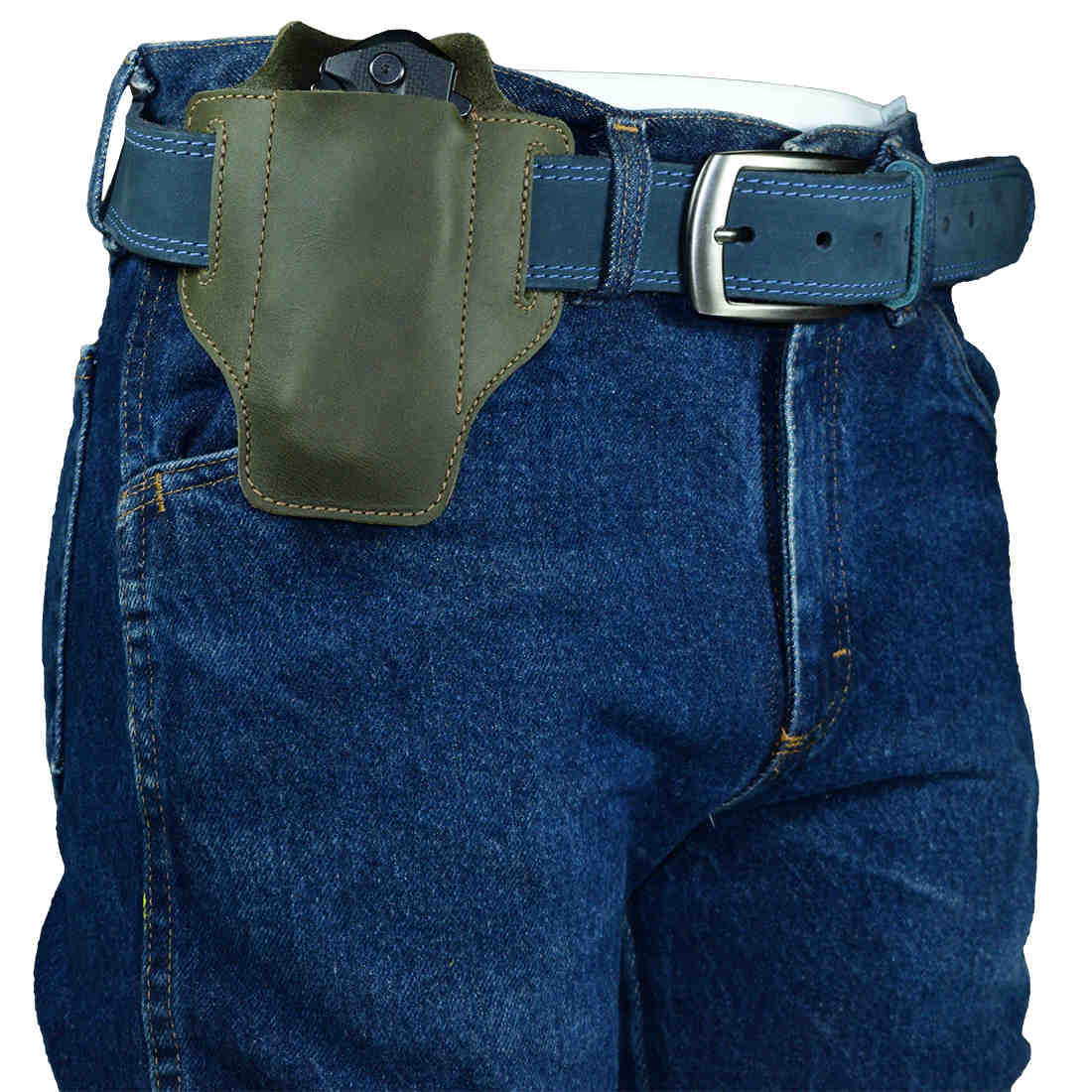 A practical view of Hide & Drink's olive green Tactical Knife Holster attached to a belt, showcasing its functionality. This Tactical Knife Leather Holster serves as a great multitool holder for outdoor activities, handcrafted in La Antigua Guatemala & Oaxaca Mexico.