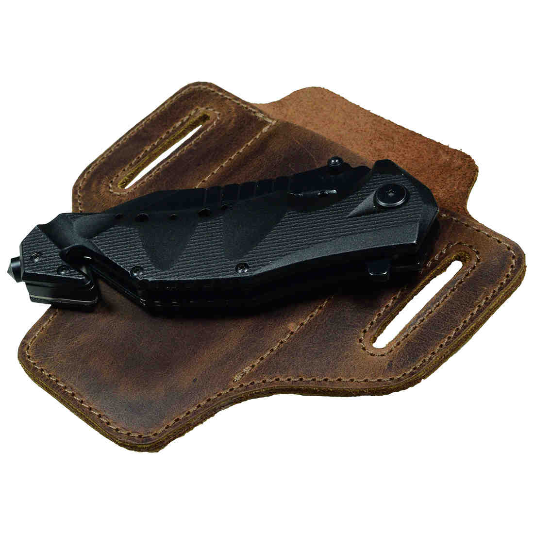 Showcasing Hide & Drink's Tactical Knife Holster with a knife inside, made from rich Full Grain Leather. This Tactical Knife Leather Holster serves as an excellent multitool holder, suitable for camping & outdoor accessories. Experience the artisan touch of small batch production from La Antigua Guatemala & Oaxaca Mexico.