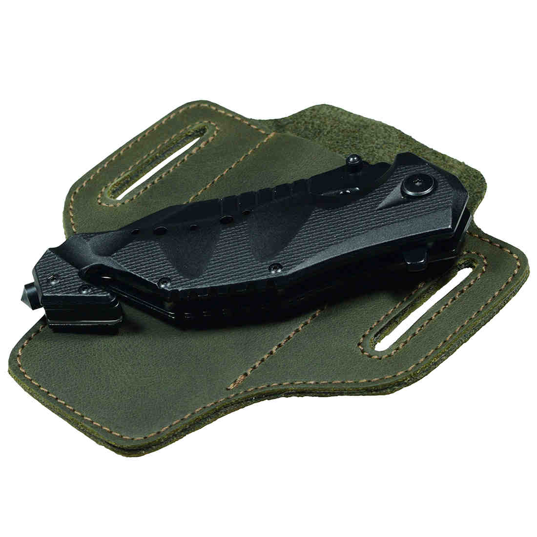 Hide & Drink's olive green Tactical Knife Holster with a multitool inserted, emphasizing its utility in outdoor settings. This Tactical Knife Leather Holster is perfect for multitools, enhancing your camping & outdoor accessories, crafted in La Antigua Guatemala & Oaxaca Mexico.