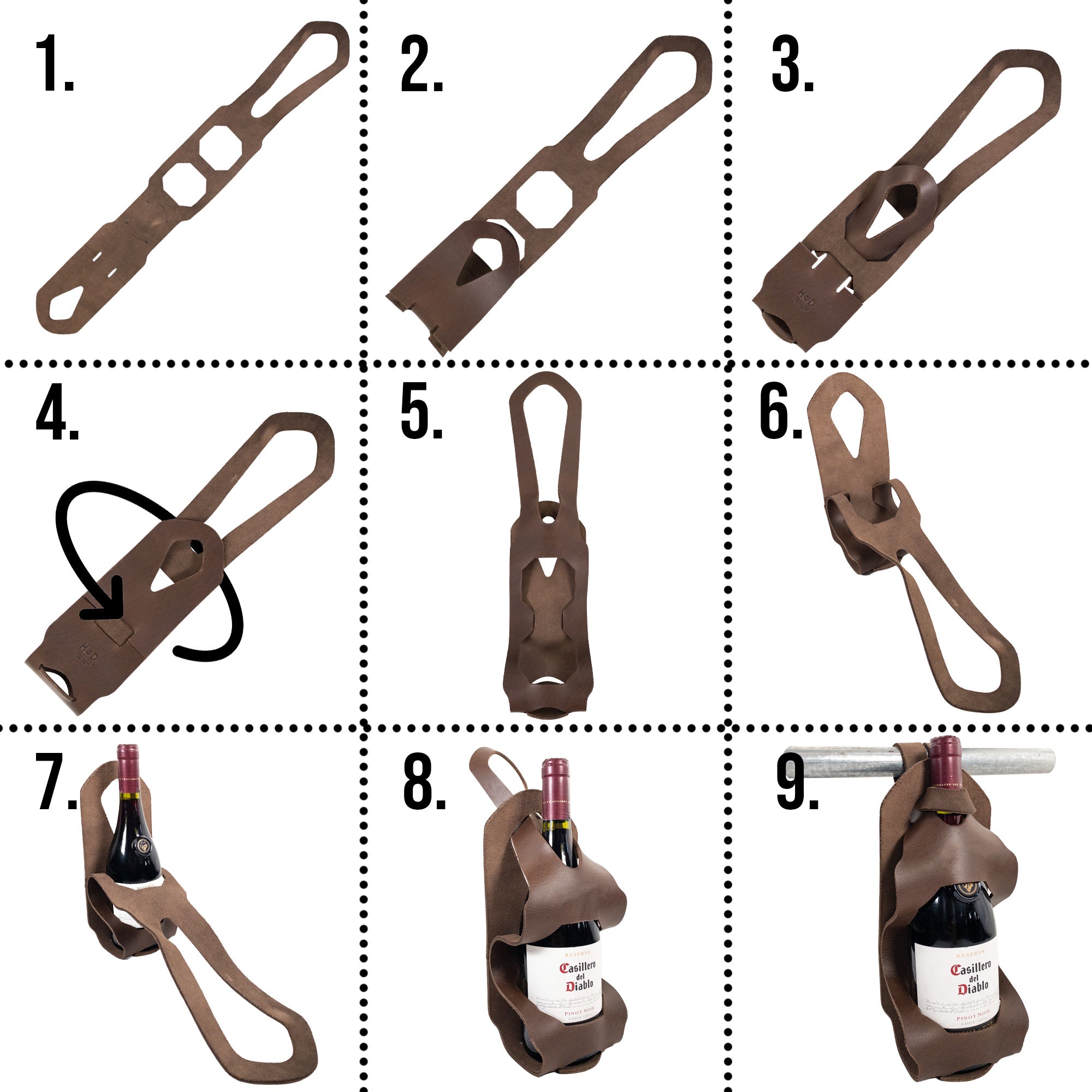 Step-by-step images of using the Unibody Bike Wine Carrier from Hide & Drink, highlighting the versatility of this Full Grain Leather product. Each step showcases the artisan craftsmanship and small batch production made in La Antigua Guatemala & Oaxaca Mexico.
