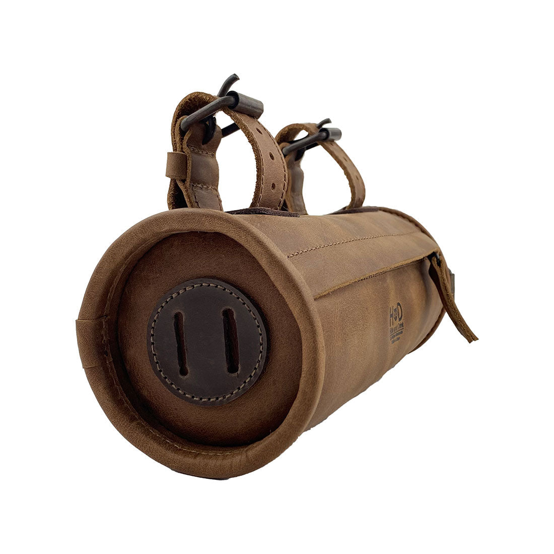 Hide & Drink Bike Bag showcasing the quality of full grain leather, perfect as an artisan cylinder tube pouch for bicycles. This bicycle accessory highlights hand cut and hand sewn craftsmanship, all made in La Antigua Guatemala & Oaxaca Mexico.