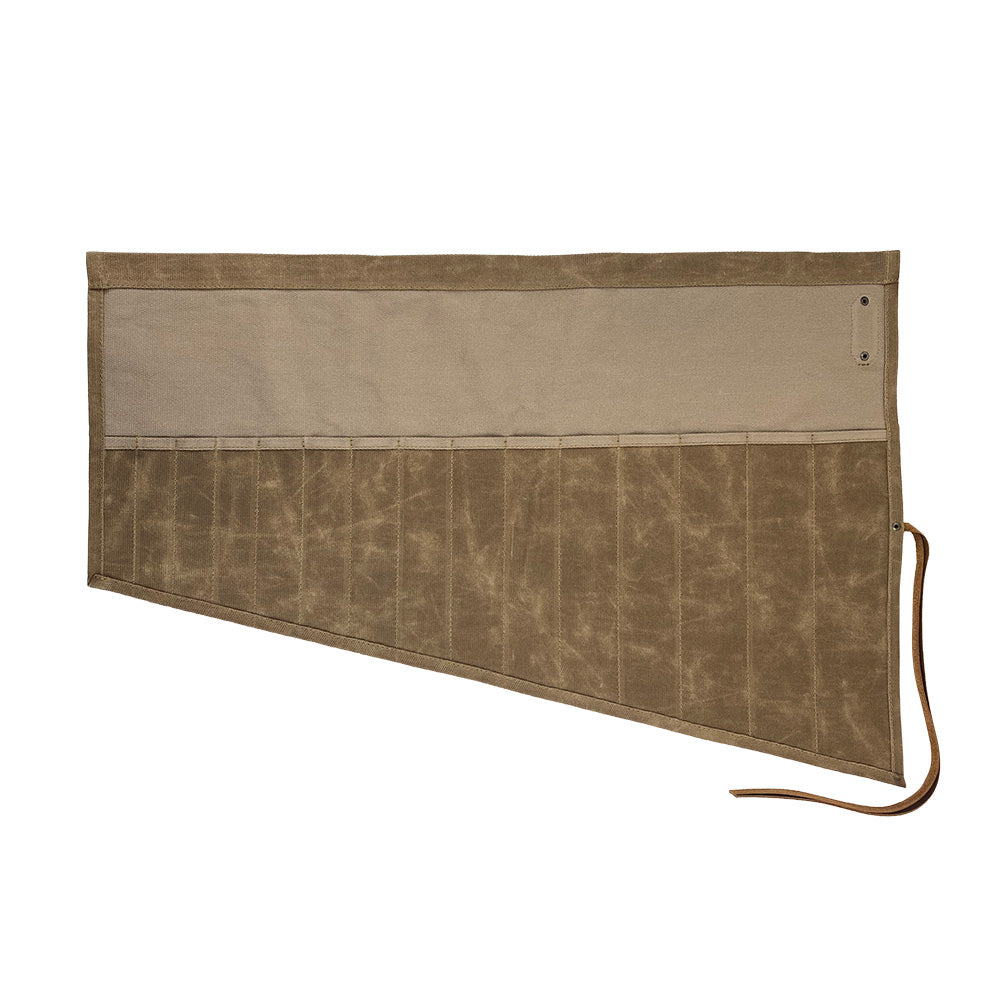 Hide & Drink Wrench Roll (15 Pockets) made from durable Water Resistant Waxed Canvas, serves as an excellent portable pouch for tool organization, blending style and practicality, handcrafted in La Antigua Guatemala & Oaxaca Mexico.