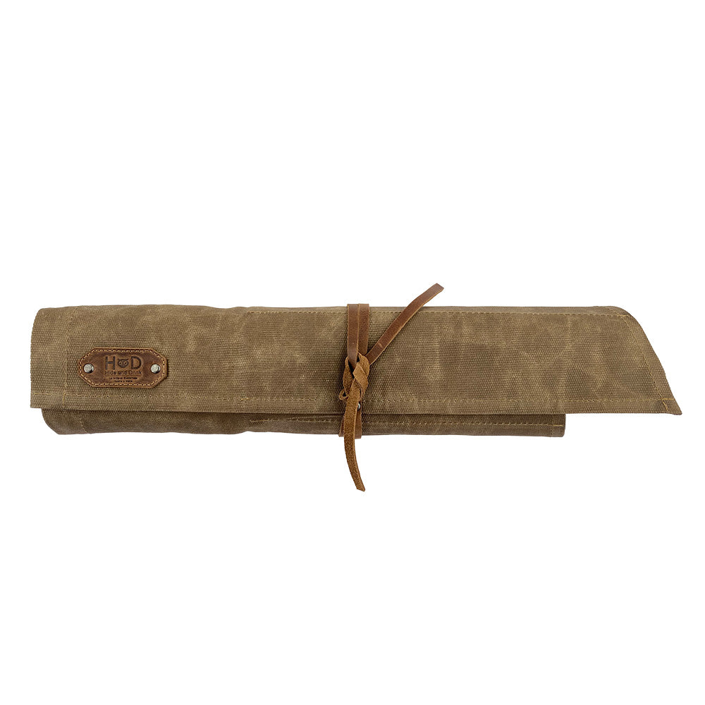 Hide & Drink Wrench Roll (15 Pockets), designed with Water Resistant Waxed Canvas, ensures secure storage for tools in a portable shape, handcrafted by artisans in La Antigua Guatemala & Oaxaca Mexico.