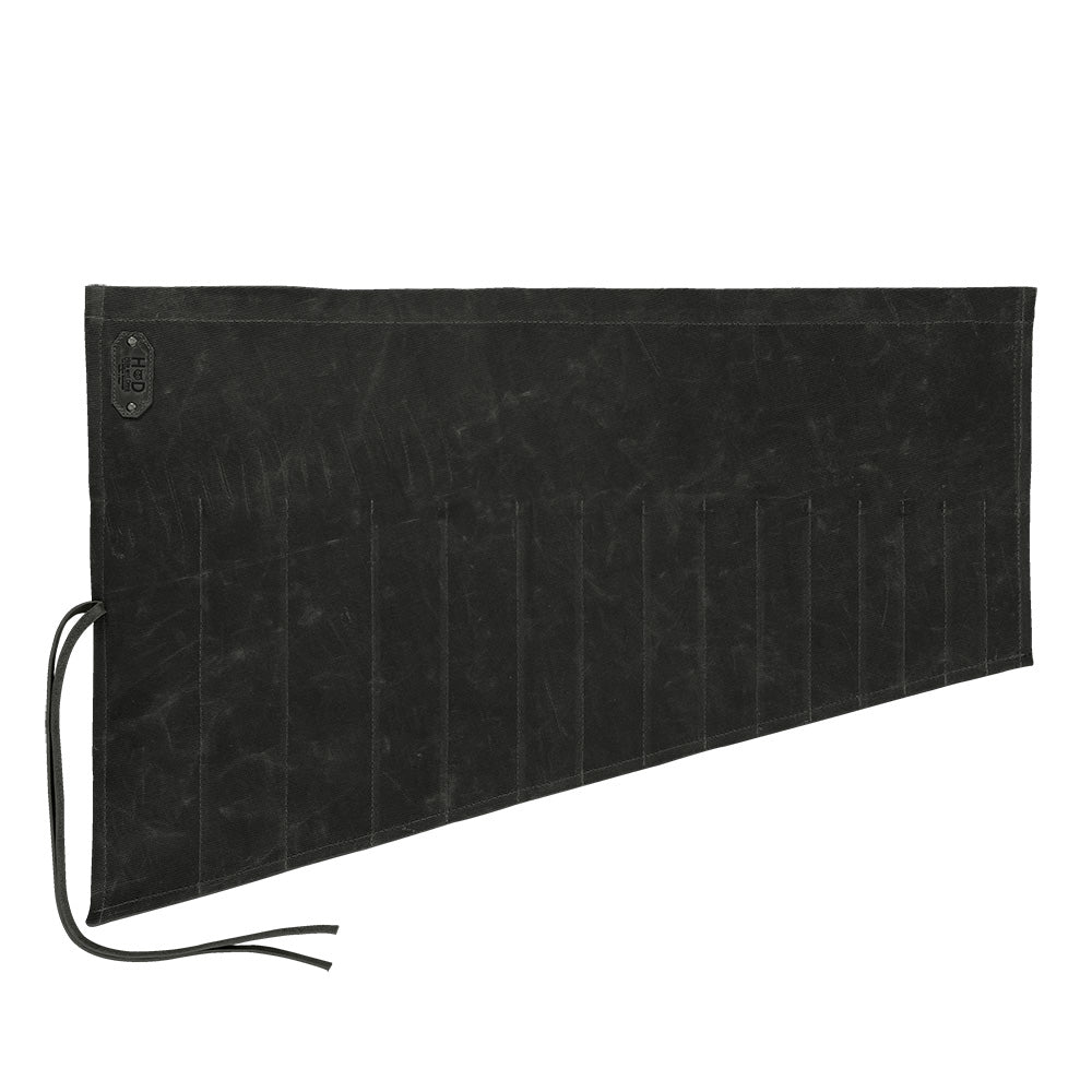 Hide & Drink Wrench Roll (15 Pockets), crafted from Water Resistant Waxed Canvas, provides a stylish and durable solution for tool organization, handcrafted by artisans in La Antigua Guatemala & Oaxaca Mexico.
