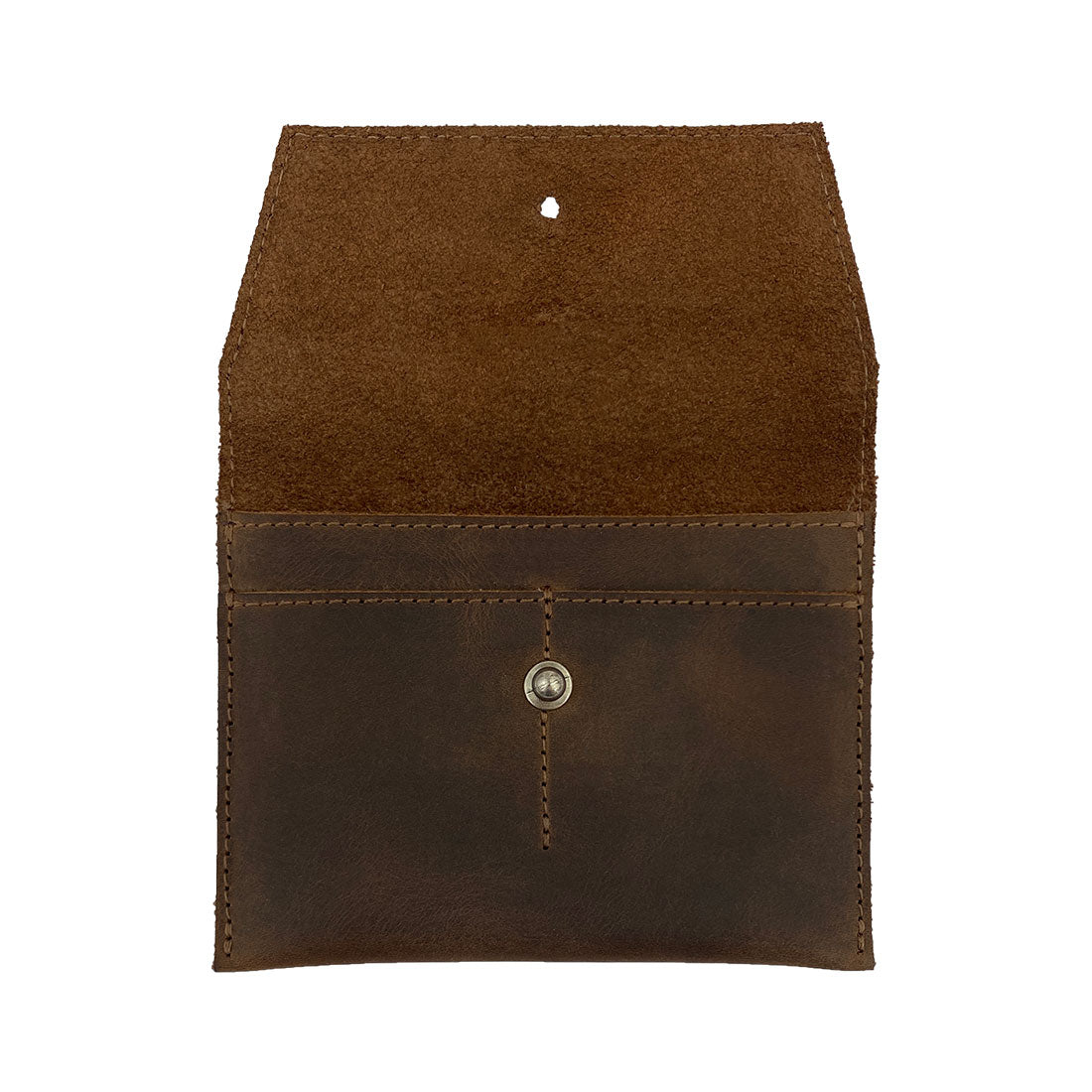Interior view of Heather's Minimalist Wallet, highlighting the cash pocket and card slots. This durable leather wallet serves as an excellent cash organizer and card holder, perfect for everyday use and travel. Crafted from full grain leather, it's handmade in La Antigua Guatemala & Oaxaca Mexico.