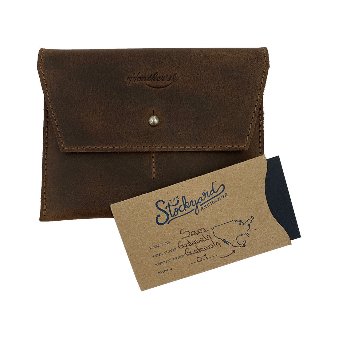 Heather's Minimalist Wallet with a business card, emphasizing its durable design as a cash organizer and card holder. Made from full grain leather, it’s a versatile accessory ideal for travel and everyday use, showcasing small batch production and artisan techniques. Handmade in La Antigua Guatemala & Oaxaca Mexico.