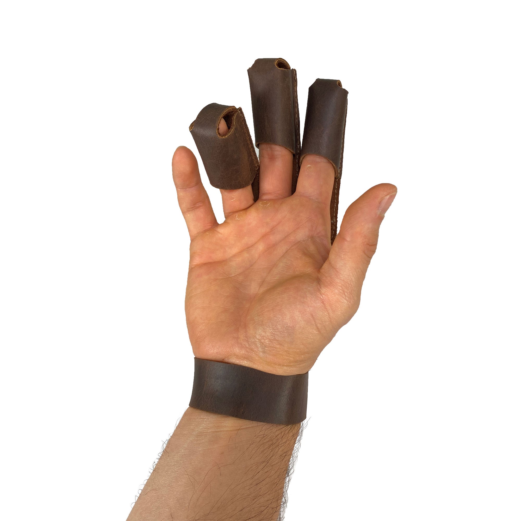 Valhalla Gear Three-Finger Archery Glove worn on a hand, showcasing its full grain leather design that provides crucial protection for the wrist and fingers during bow and arrow shooting. This artisan crafted glove is perfect for archers during target practice, featuring small batch production, hand cut, hand sewn details, and fire branding, all handmade in La Antigua Guatemala & Oaxaca Mexico.