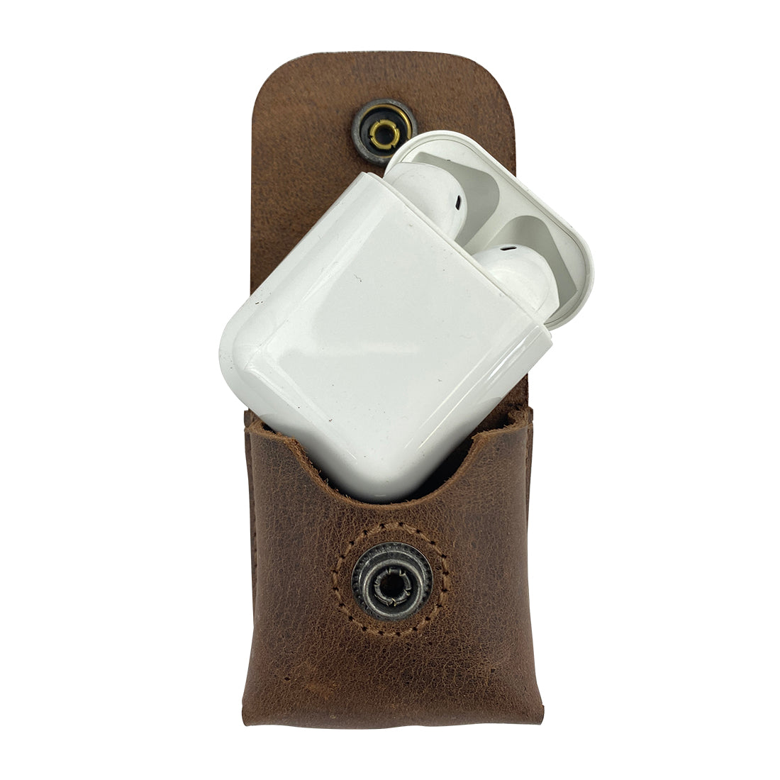 LeatherTex AirPods Case with AirPods inside, illustrating its secure fit and protection. This rustic AirPods charging cover is made with full grain leather, showcasing small batch production and artisan craftsmanship from La Antigua Guatemala.