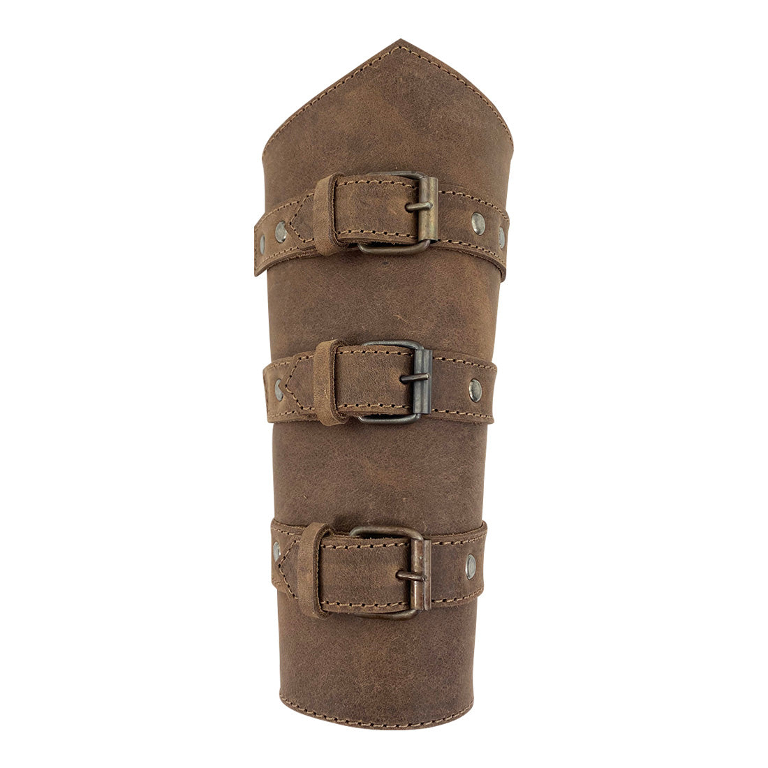 Front view of Valhalla Gear Set of 2 Archery Buckle Bracer featuring intricate buckle details. This wrist guard is both functional and stylish, made from full grain leather, perfect for archery enthusiasts.