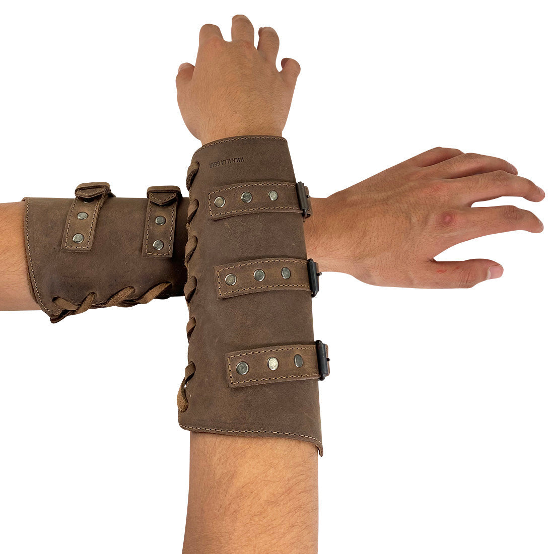 Another angle of a model wearing Valhalla Gear Set of 2 Archery Buckle Bracers, illustrating the comfortable fit. This armband is crafted from high-quality full grain leather, perfect for archery practice.