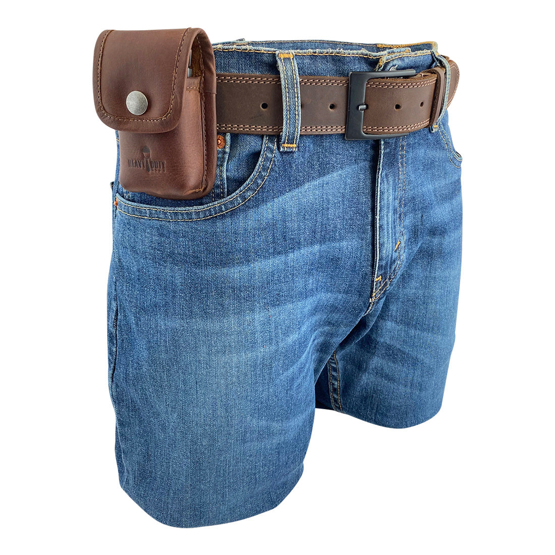 Heavy Duty Hide Multitool Sheath attached to a sturdy belt, demonstrating convenience for carrying tools. This belt holster tool pouch is crafted from full grain leather, making it a stylish yet practical tactical accessory, handmade in La Antigua Guatemala.