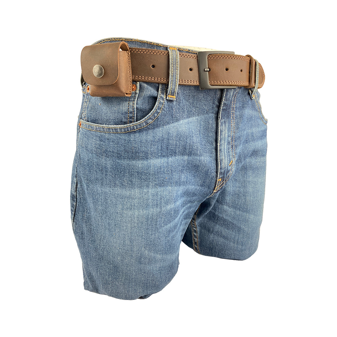 LeatherTex AirPods Case secured to a belt, representing the rustic design of this protective portable carrying pouch. Made from full grain leather in La Antigua Guatemala, this genuine Bluetooth case showcases small batch production and artisan craftsmanship.