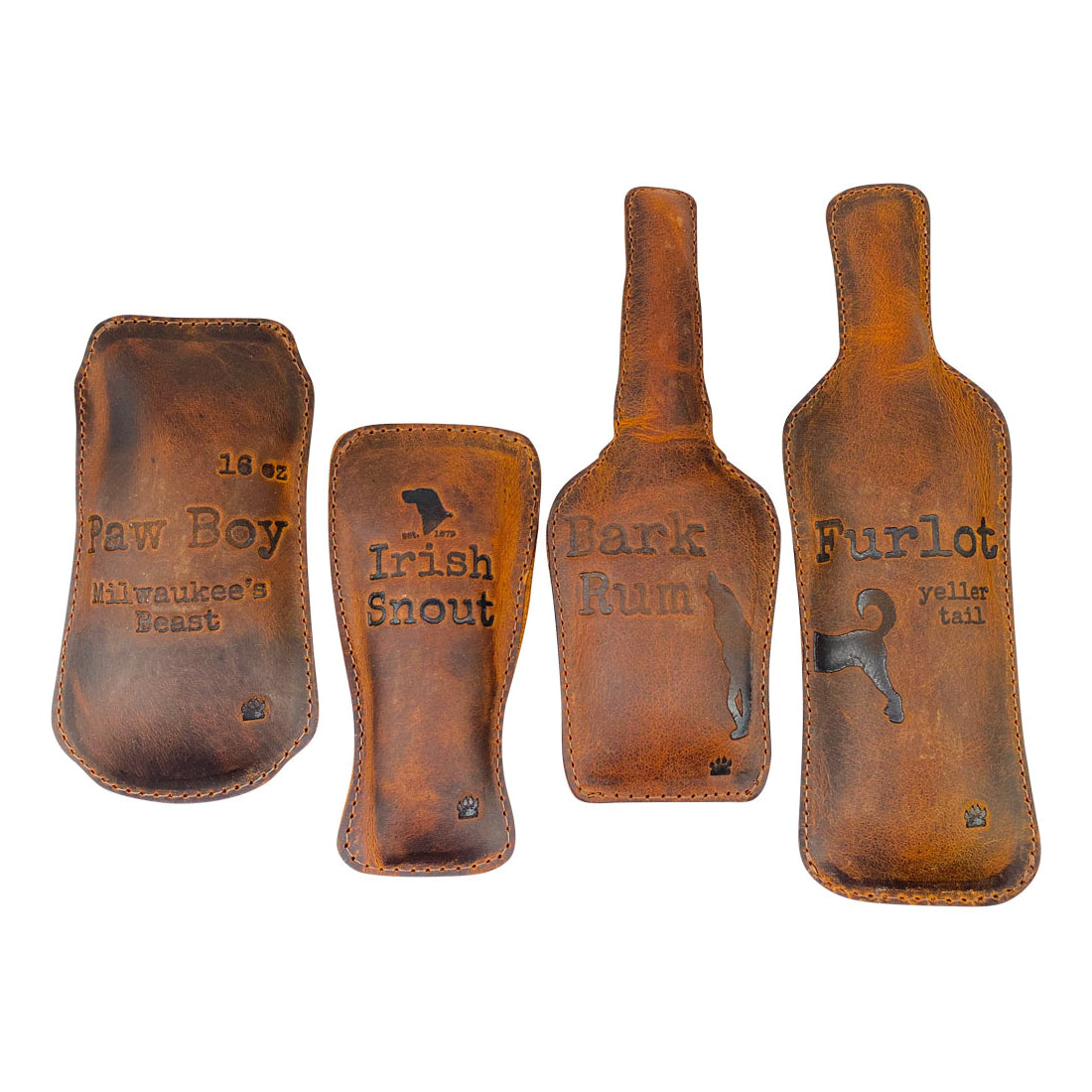 Taco Dog Dog Chew Toys (4 Pieces) featuring a set of 4 unique designs including Paw Boy, Irish Snout, Bark Rum, and Furlot made from durable full grain leather, perfect for small breeds and active chewers. This artisan product is handmade in La Antigua Guatemala with small batch production methods.