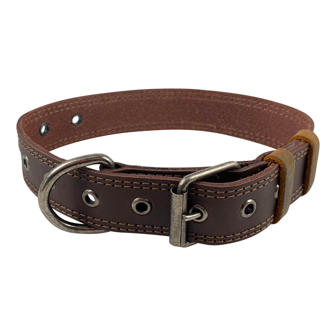 Taco Dog Rustic Leather Dog Collar showcasing durable full grain leather, designed for medium to large dogs. Features a heavy-duty adjustable buckle and metal D ring for leash and ID tag attachment, handmade by artisans in La Antigua Guatemala.