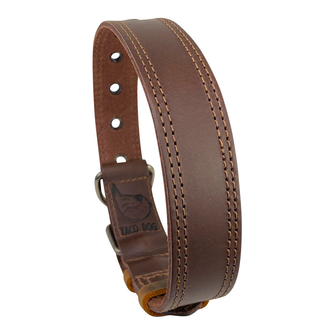 Profile view of Taco Dog Rustic Leather Dog Collar showcasing luxurious full grain leather, perfect for medium to large dogs. Includes an adjustable buckle and a sturdy metal D ring, handmade in La Antigua Guatemala.