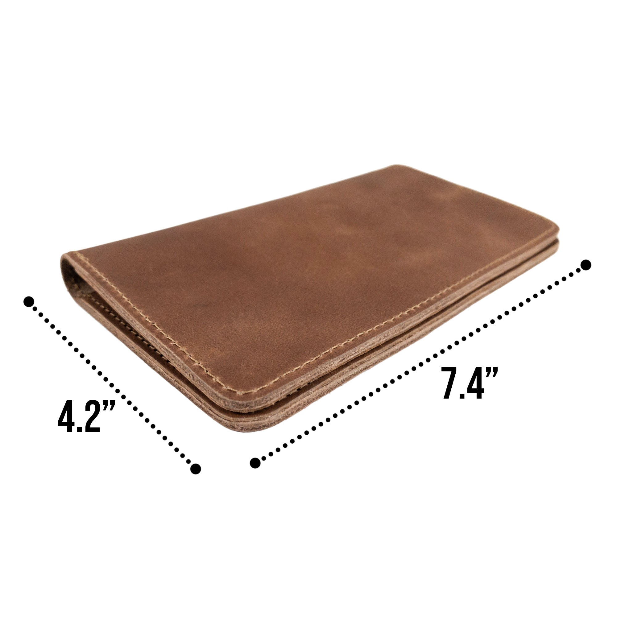 Hide & Drink Large Organizer Wallet with dimensions displayed, excellent for organizing cash and cards. This handmade bifold wallet is crafted from full grain leather, showcasing amazing artisan quality, made in La Antigua Guatemala & Oaxaca Mexico.