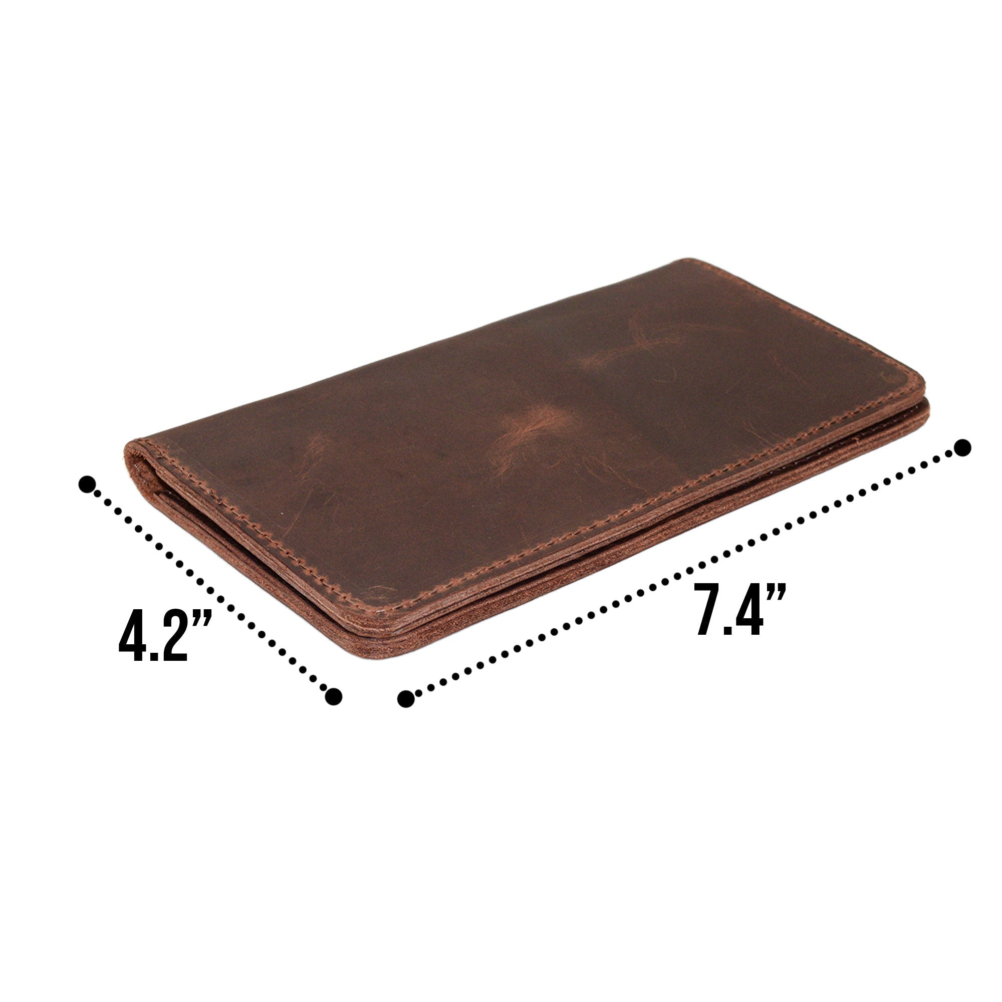 Hide & Drink Large Organizer Wallet showcasing dimensions of 4.2" by 7.4". This artisan bifold wallet with card slots and flat money holder is crafted from full grain leather, handmade in La Antigua Guatemala & Oaxaca Mexico, making it the ideal night bag and travel accessory.