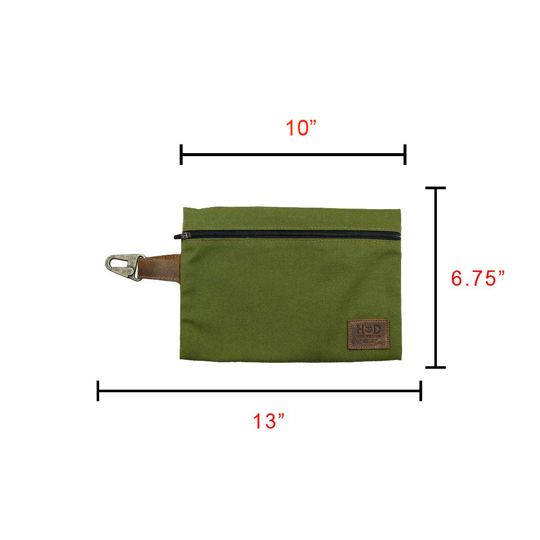Specifications of Hide & Drink Outdoor Pouch, an olive green Water Resistant Canvas Camping Pouch measuring 13 inches in length. This utility bag, designed for outdoor accessories, features Full Grain Leather and showcases the artisan work of hand cut and hand sewn techniques from small batch production in La Antigua Guatemala & Oaxaca Mexico.