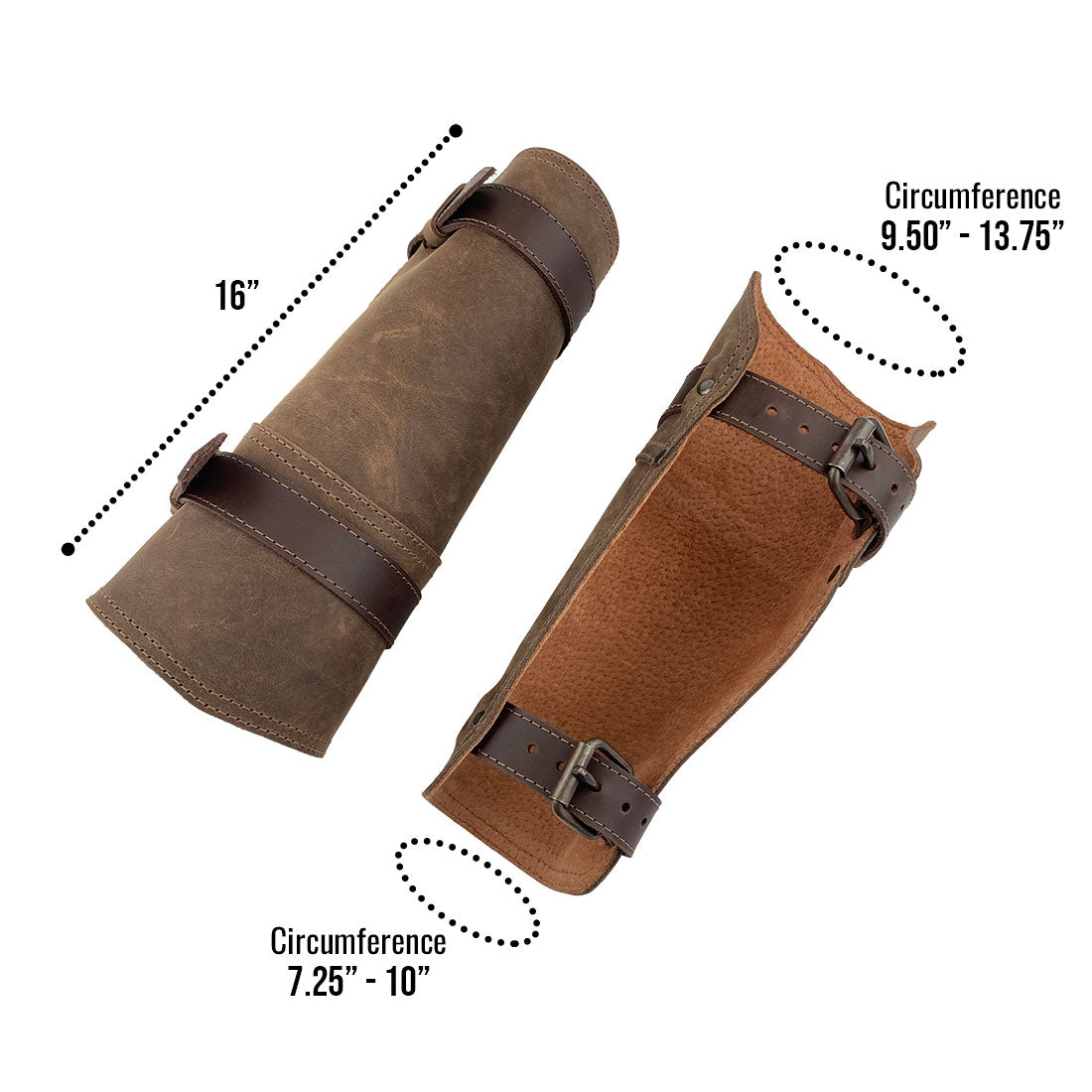 Dimensions of the Valhalla Gear Vambrace Bracer - 2 pack outlined with measurements, showcasing these Viking style wrist guards made from durable full grain leather. Perfect for archery, this handcrafted medieval armband is produced with artisan craftsmanship in La Antigua Guatemala & Oaxaca Mexico.