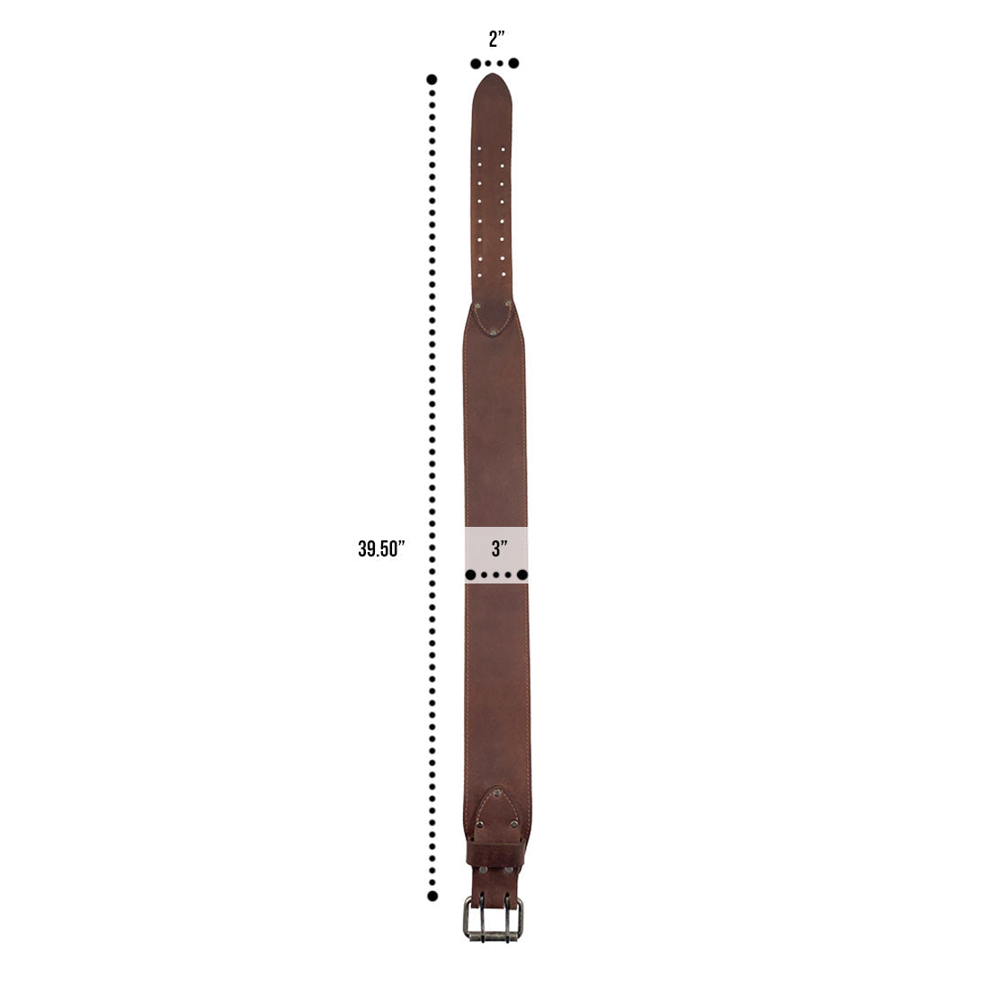 Measure specifications for Hide & Drink’s Weightlifting Belt, indicating a length of 39.5 inches and a width of 3 inches. Perfect for waist sizes from 31 in. to 38 in., this belt is a handcrafted piece made from full grain leather, representing artisan quality from La Antigua Guatemala & Oaxaca Mexico.