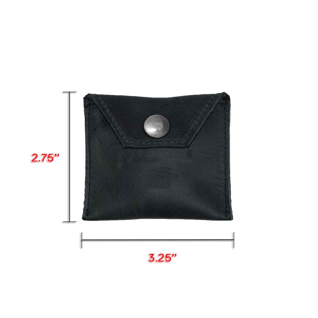 Hide & Drink Tampon Case showcasing dimensions for everyday carry, perfect for discreetly carrying tampons or condoms. This handmade pouch features artisan craftsmanship from La Antigua Guatemala.