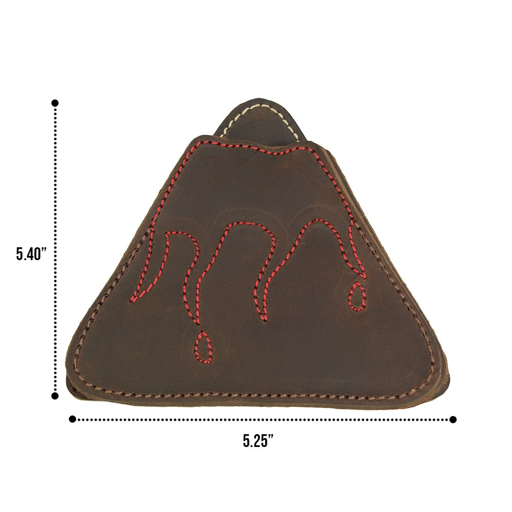 Measuring details of a Fire & Ice Volcano Mountains Set Coaster by Hide & Drink, included in the Landscape Coasters Set (6-Pack). Made from Full Grain Leather, these hand cut and hand sewn coasters exemplify artisan quality, proudly crafted in La Antigua Guatemala & Oaxaca Mexico.