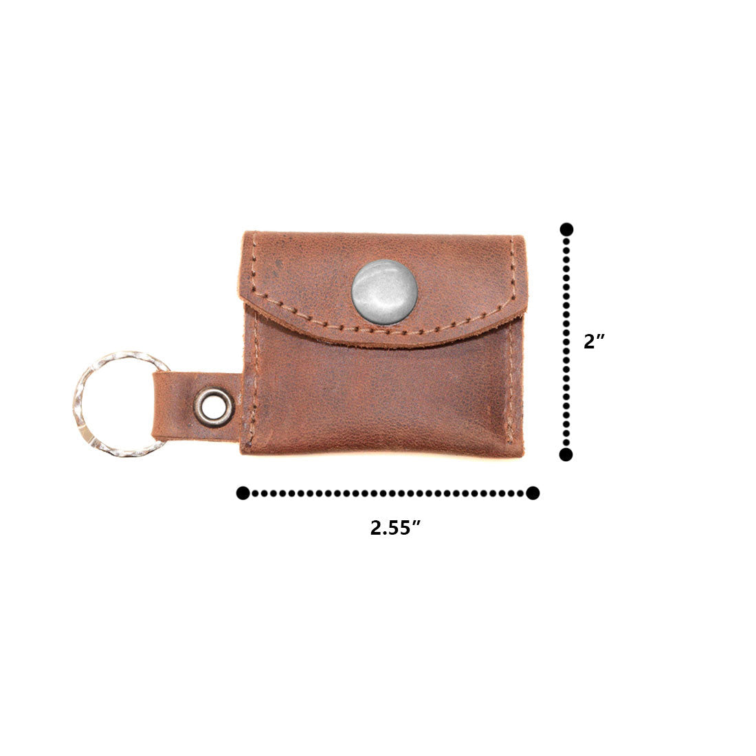 Dimensions of the Tiny Coin Holder Keychain by Hide & Drink, highlighting its compact size of 2.55 in. length, crafted from Full Grain Leather. This Tiny Coin Holder, part of small batch production, combines practicality with artisan design.