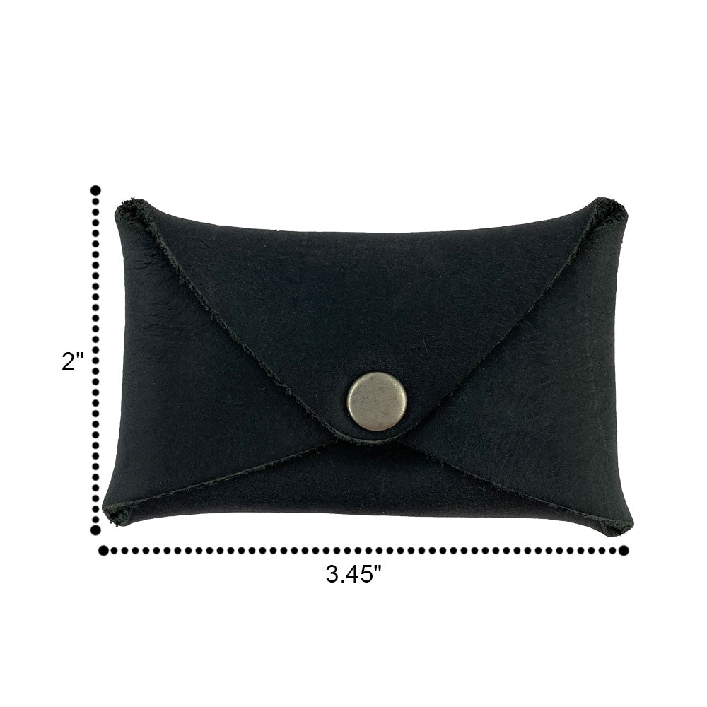 Dimensions of the Hide & Drink Envelope Coin Case in black, illustrating its compact and practical design. Crafted from full grain leather, this artisan piece represents handmade quality from La Antigua Guatemala & Oaxaca Mexico.