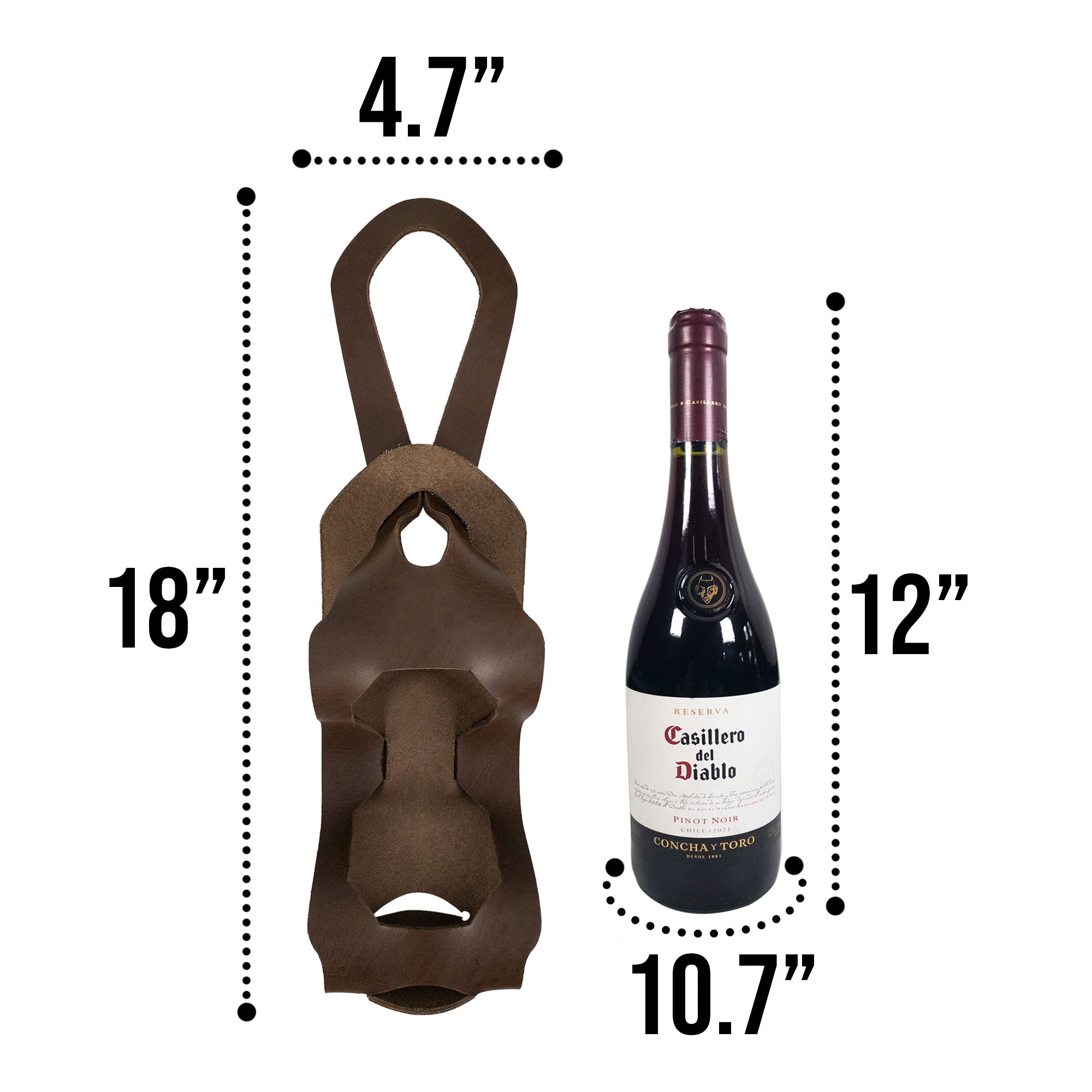 Dimensions of the Unibody Bike Wine Carrier by Hide & Drink, presented alongside a bottle of wine, emphasizing the elegant design made of Full Grain Leather. This handmade product reflects the small batch artisan approach from La Antigua Guatemala & Oaxaca Mexico.
