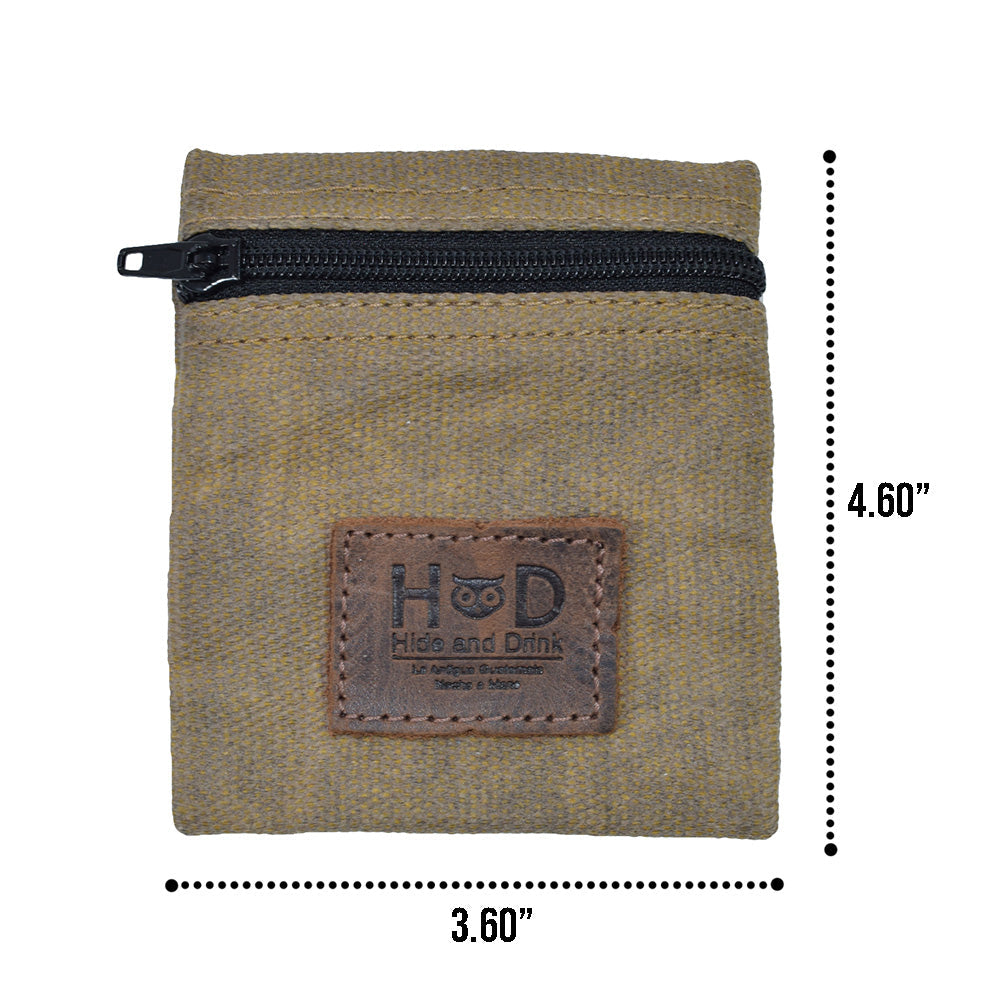 Hide & Drink Condom Pouch showcased with dimensions, skillfully created from water resistant waxed canvas. This artisanal pocket purse is an excellent classic partner gift and travel essential. Handmade in La Antigua Guatemala reflects meticulous small batch production with fire branded artistry.