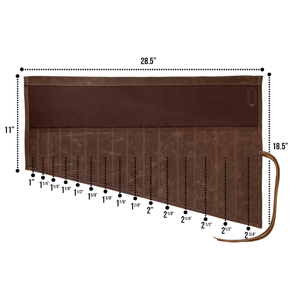 Hide & Drink Wrench Roll (15 Pockets), featuring a Water Resistant Waxed Canvas material, provides ample storage for wrenches in a sleek rectangular format, artisan-made in La Antigua Guatemala & Oaxaca Mexico.