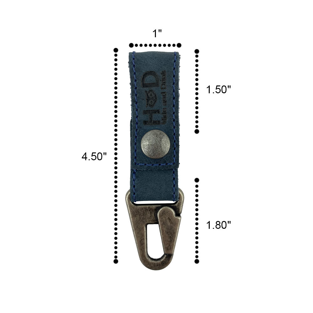 Close-up detailing of the Key Ring Holder by Hide & Drink featuring dimensions. This Full Grain Leather item is a result of Small Batch Production and meticulous craftsmanship. Handmade in La Antigua Guatemala & Oaxaca Mexico.