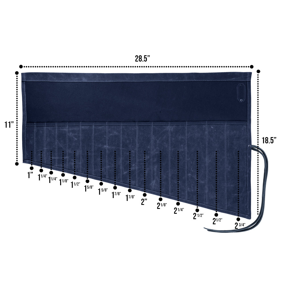 Hide & Drink Wrench Roll (15 Pockets), crafted from quality Water Resistant Waxed Canvas, perfect for storing tools securely and stylishly, handmade in La Antigua Guatemala & Oaxaca Mexico.