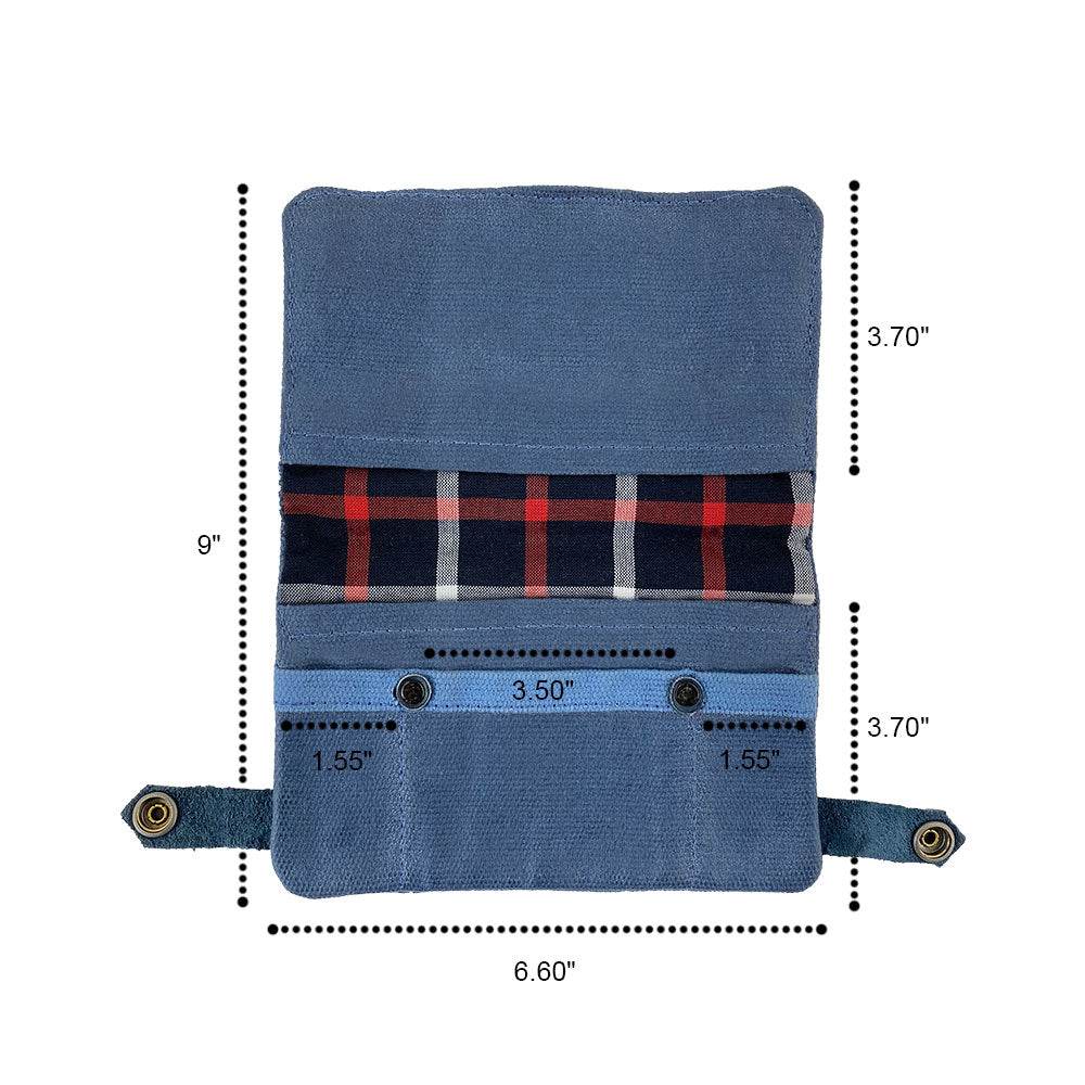 Detailed view of the blue Hide & Drink Tobacco Pouch Waxed Canvas, showcasing its functional compartments for accessories. A handcrafted artisan product, perfect for tobacco enthusiasts looking for stylish organization.