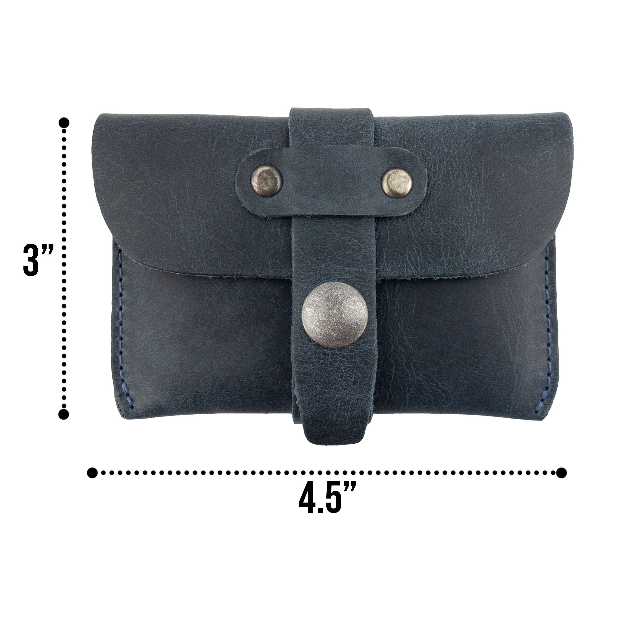 Dimensions view of Hide & Drink's navy Credit Card Holder. This stylish minimalist wallet, made from quality Full Grain Leather, serves as a perfect everyday carry while showcasing artisan handiwork from La Antigua Guatemala.