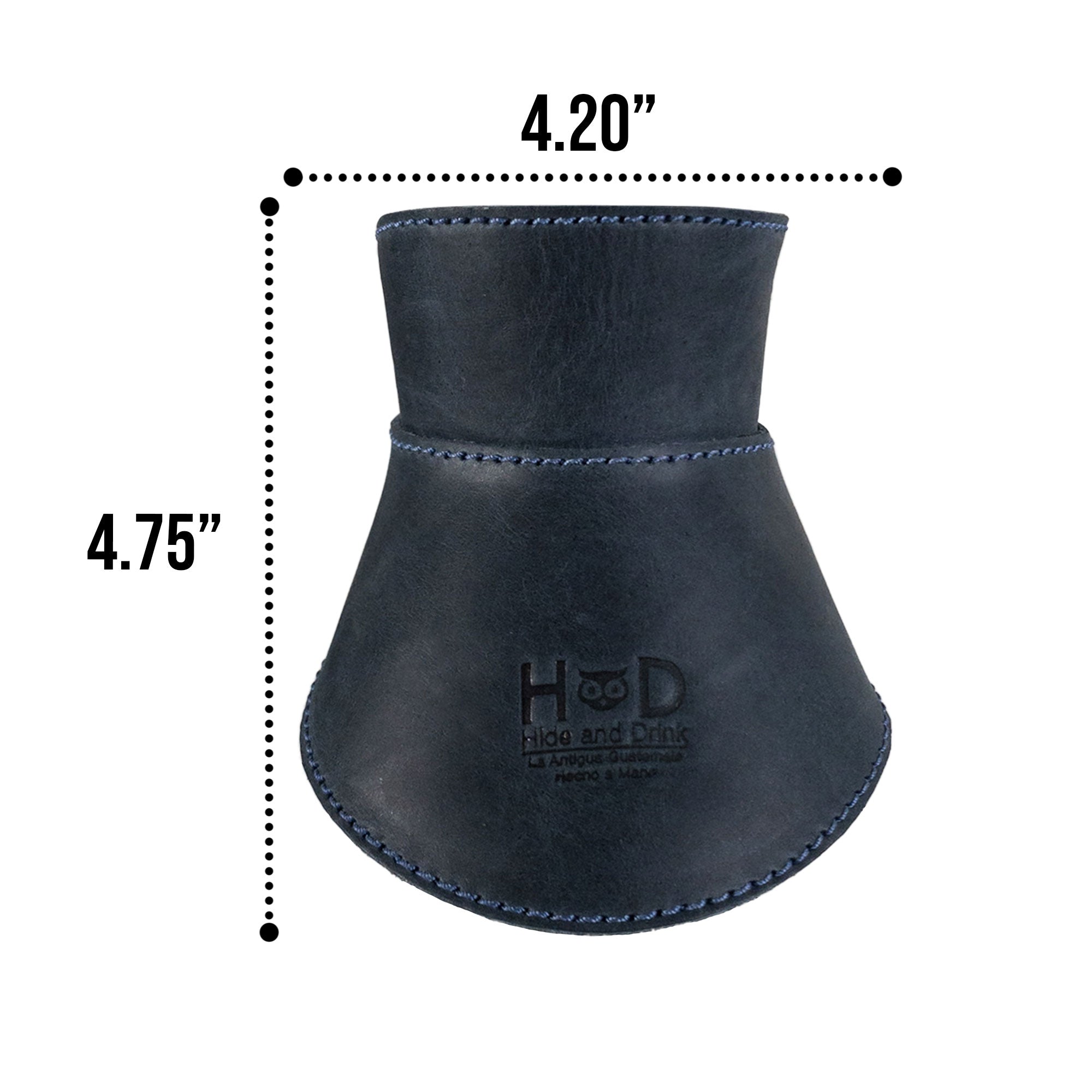 Packaging of Hide & Drink Chemex Collar in navy leather highlighting the product's artisan craftsmanship. Ideal for pour over coffee, this collar fits the Chemex 6-Cup Glass and is handmade in La Antigua Guatemala & Oaxaca Mexico.