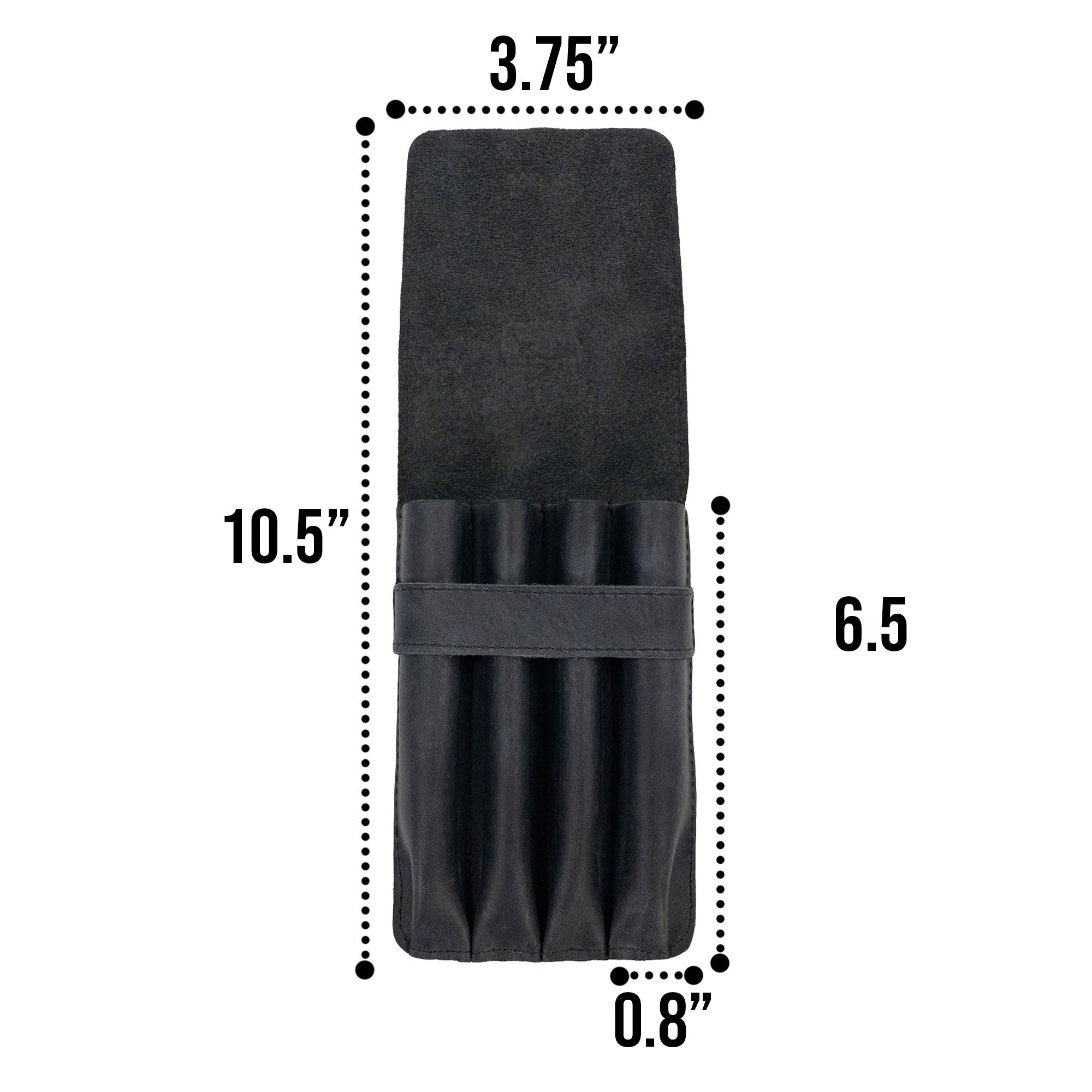 Dimensions of the Leather Worx 4-Pen Holder in black leather displayed to highlight its sleek and minimalist profile. This elegant pencil case represents artisan quality, small batch production, and features hand cut construction made in La Antigua Guatemala.