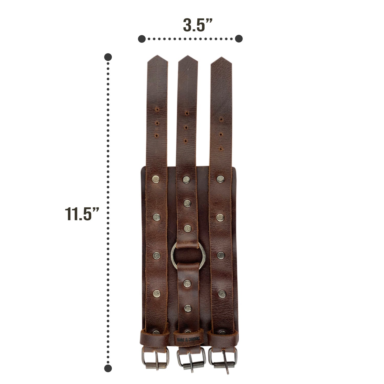 Dimensions of the 3 Buckle Bracelet from Hide & Drink displayed visually, illustrating its perfect fit for men. This durable full grain leather wristband is a stylish and trendy accessory handcrafted by artisans in La Antigua Guatemala & Oaxaca Mexico.