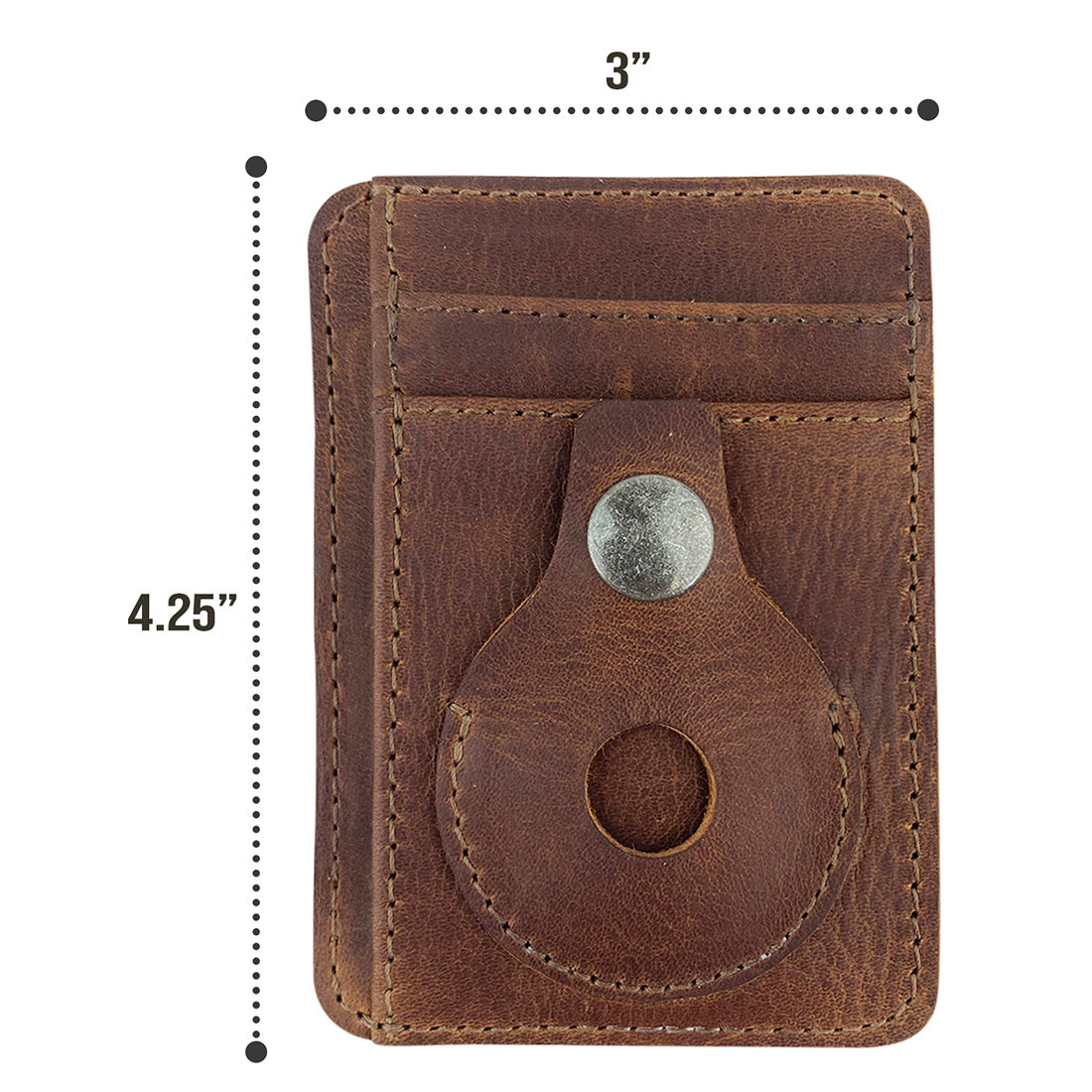 Dimensions of the AirTag Vertical Card Holder from Hide & Drink, showcasing its compact size of 4.25 inches by 3 inches, crafted from durable Full Grain Leather. This handmade product reflects artisan skill with small batch production, hand cut, and hand sewn techniques, proudly made in La Antigua Guatemala & Oaxaca Mexico.