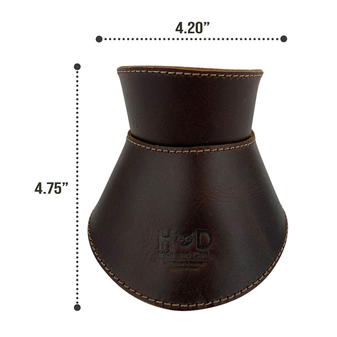 Measure of Hide & Drink Chemex Collar with dimensions highlighted, showcasing its Full Grain Leather design for compatibility with Chemex 6-Cup Glass. Artisan-made in La Antigua Guatemala & Oaxaca Mexico through stockyardX small batch production.