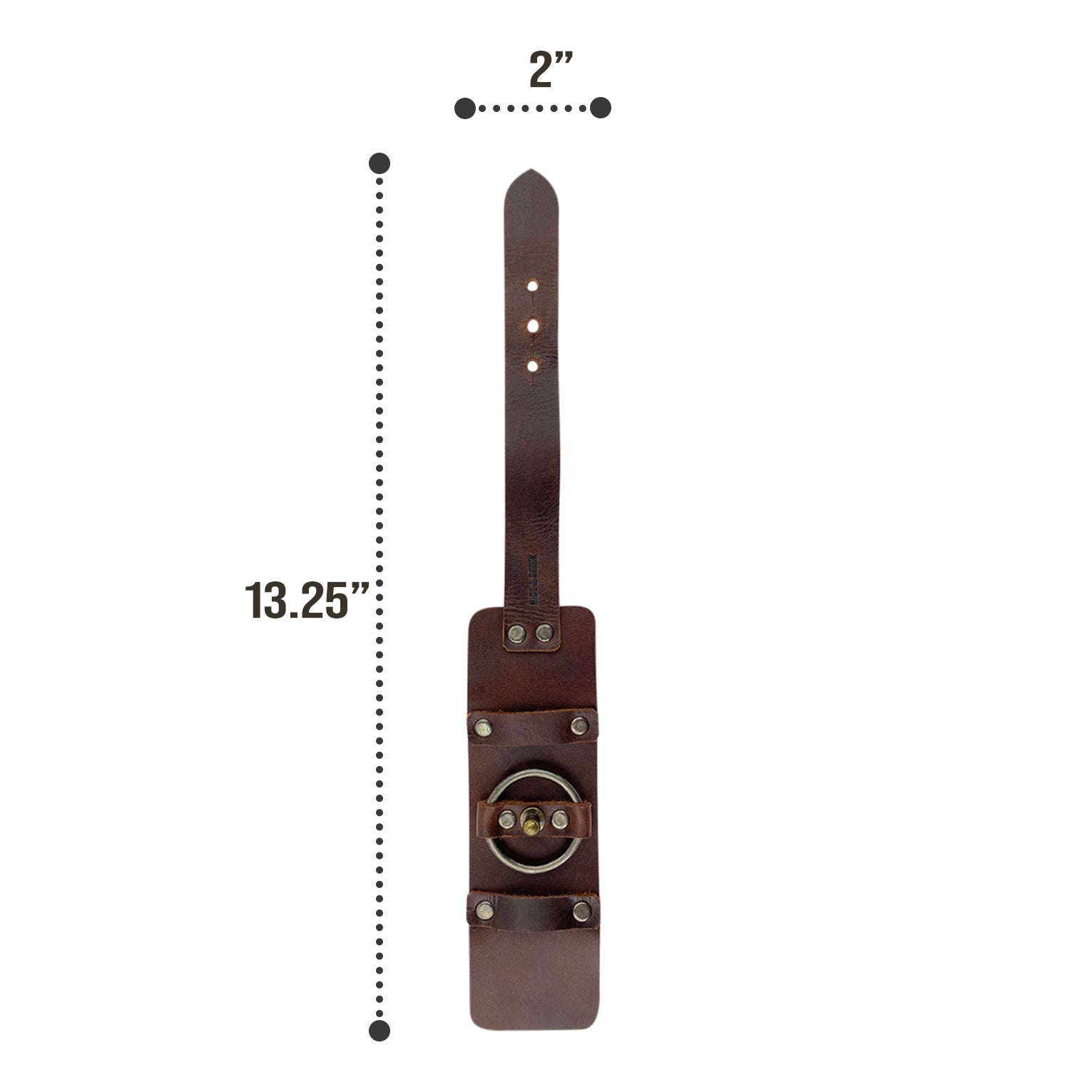 Measurements of the Hide & Drink Wristband highlighted against a clean backdrop, demonstrating its practical dimensions. This Wristband with Ring Decoration Full Grain Leather from StockyardX is a product of small batch production featuring expert craftsmanship. Each piece is hand cut, hand sewn, and fire branded, made by artisans in La Antigua Guatemala & Oaxaca Mexico.