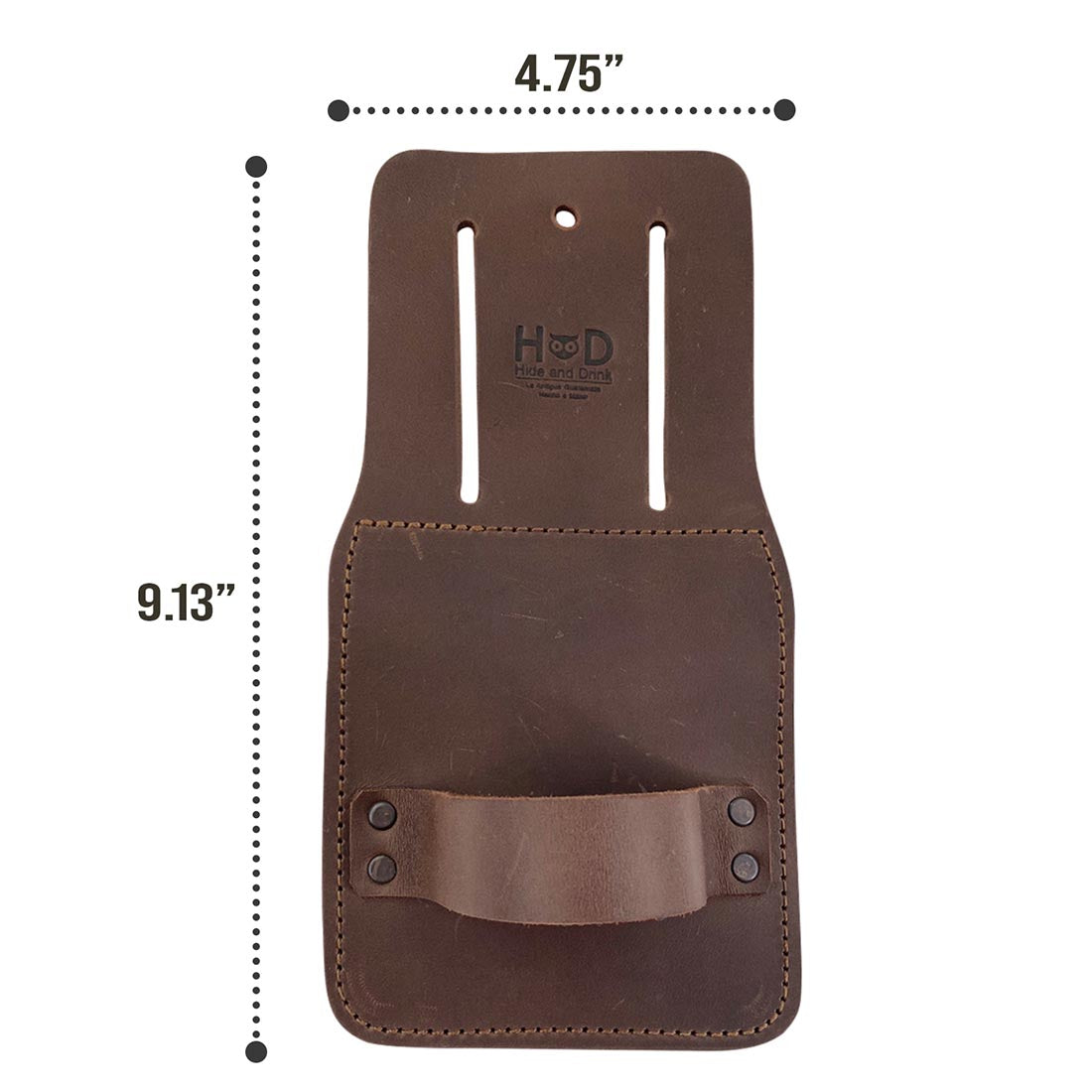 Specifications image featuring Hide & Drink's Hammer Holster dimensions. This Hammer Holster for Belt is a crafted accessory from durable full grain leather, highlighting its practicality and artisan quality, including small batch production techniques that ensure excellent craftsmanship.
