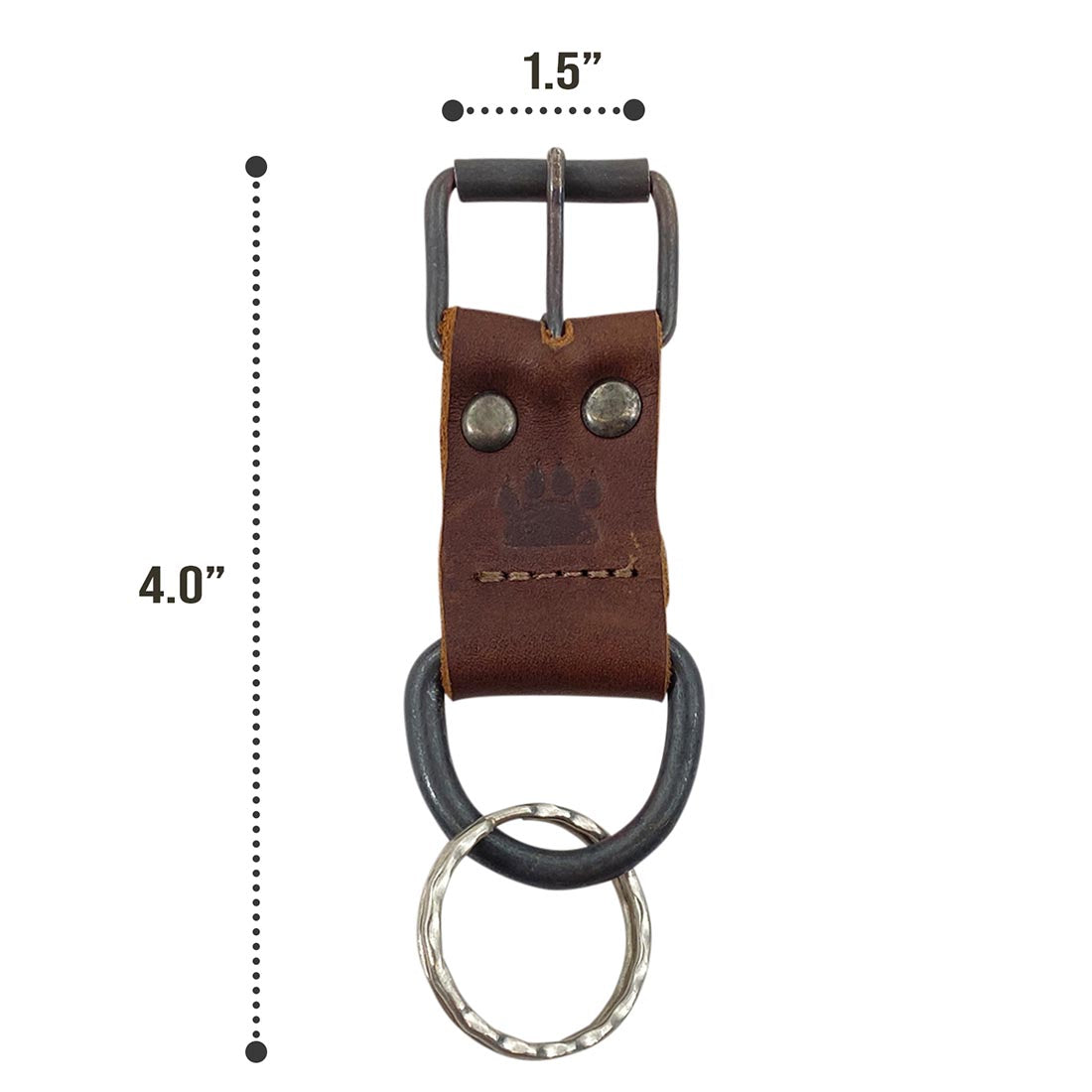 Dimensions of Taco Dog's Dog Collar Keychain displayed with measurements, showcasing its lightweight yet durable leather construction. This artisan, handmade accessory is a thoughtful gift for dog lovers, representing small batch production techniques in La Antigua Guatemala & Oaxaca Mexico.