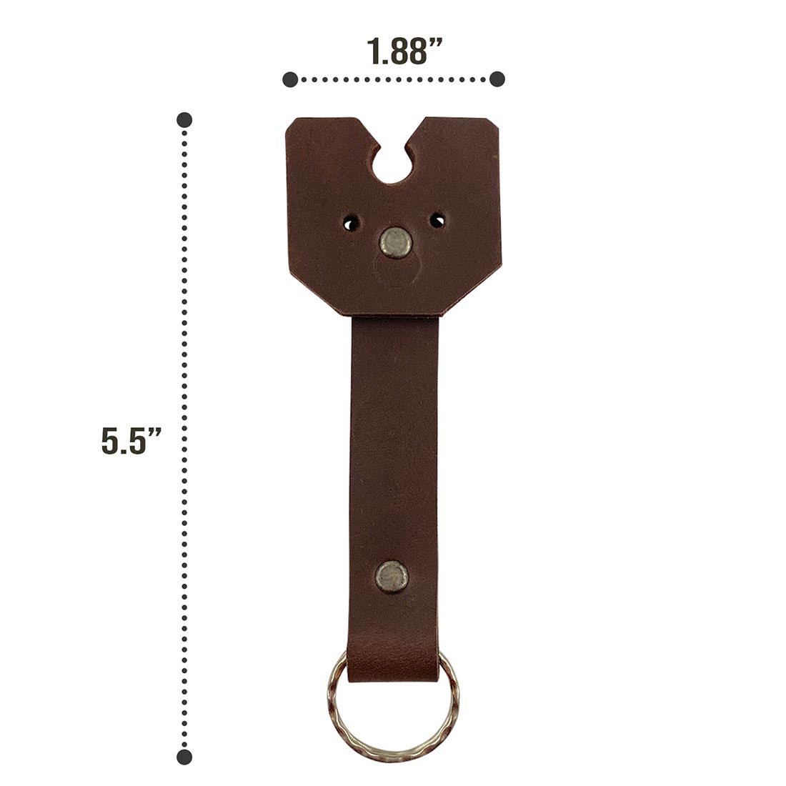 Measuring dimensions of Taco Dog's Doggy Fob Keychain, illustrating its compact size. This lightweight, durable accessory is crafted from full grain leather, perfect for everyday use. A great gift idea for dog lovers, highlighting artisan craftsmanship from La Antigua Guatemala.