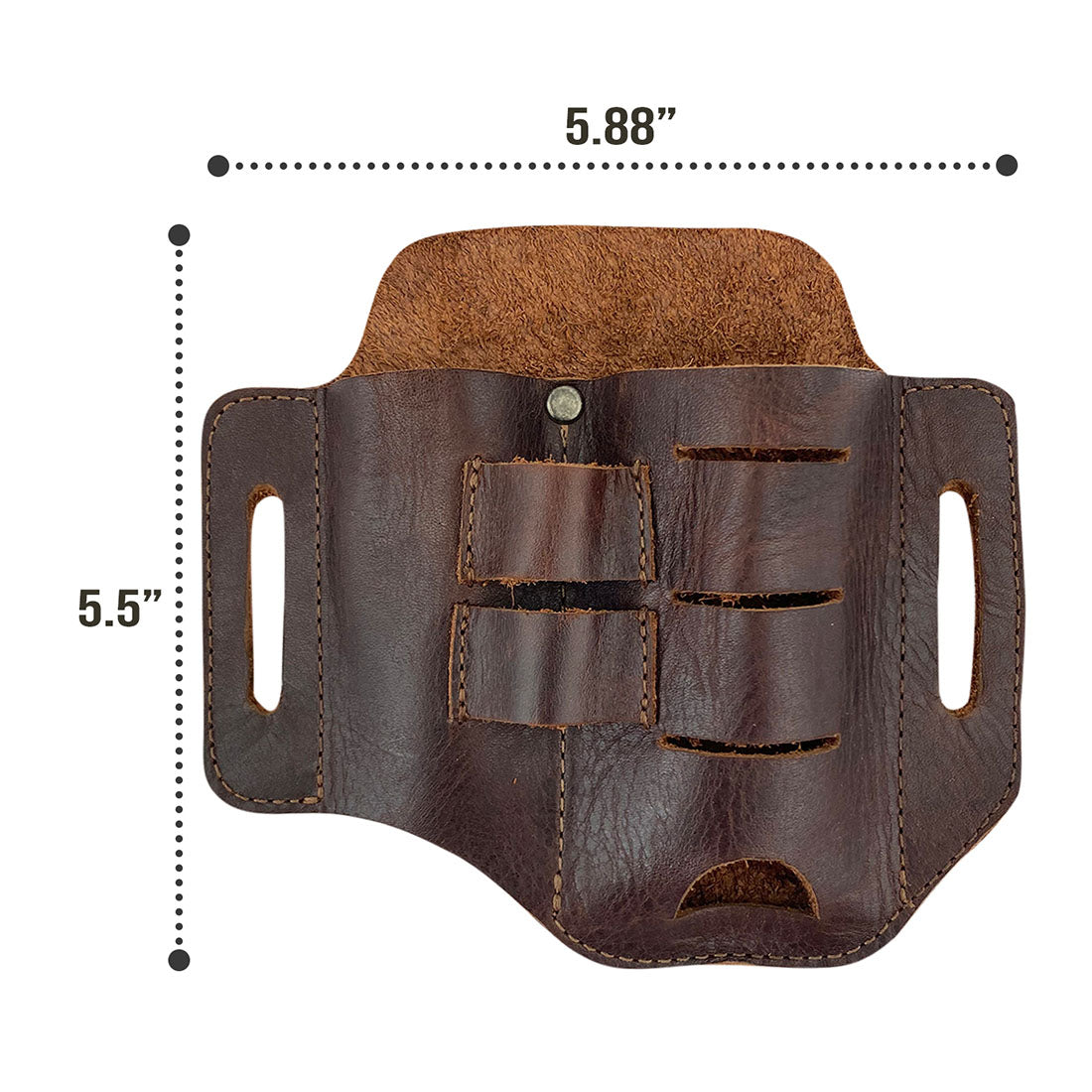 Dimensions of the Urban Tactical Tool Holster by Hide & Drink displayed clearly, illustrating its compact size for easy carrying. This Urban Tactical Tool Holster - Durable Accessory for Carrying Tools with Easy Belt Attachment - Great for Multi-Tool, Pliers, Flashlight, is crafted with full grain leather, hand sewn in La Antigua Guatemala & Oaxaca Mexico.
