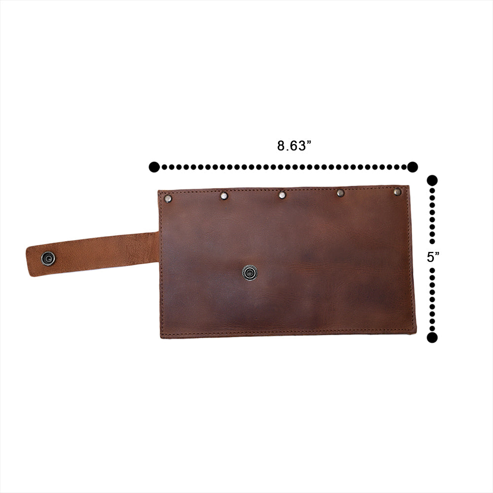 Hide & Drink Butcher Knife Holster dimensions depicted, emphasizing the perfect fit for knives measuring 4.25 x 8.25 in. This artisan-made rustic sheath, crafted from full grain leather, combines practicality with style, serving as an essential blade cover for any kitchen setting, reflecting the craftsmanship of artisans in La Antigua Guatemala & Oaxaca Mexico.